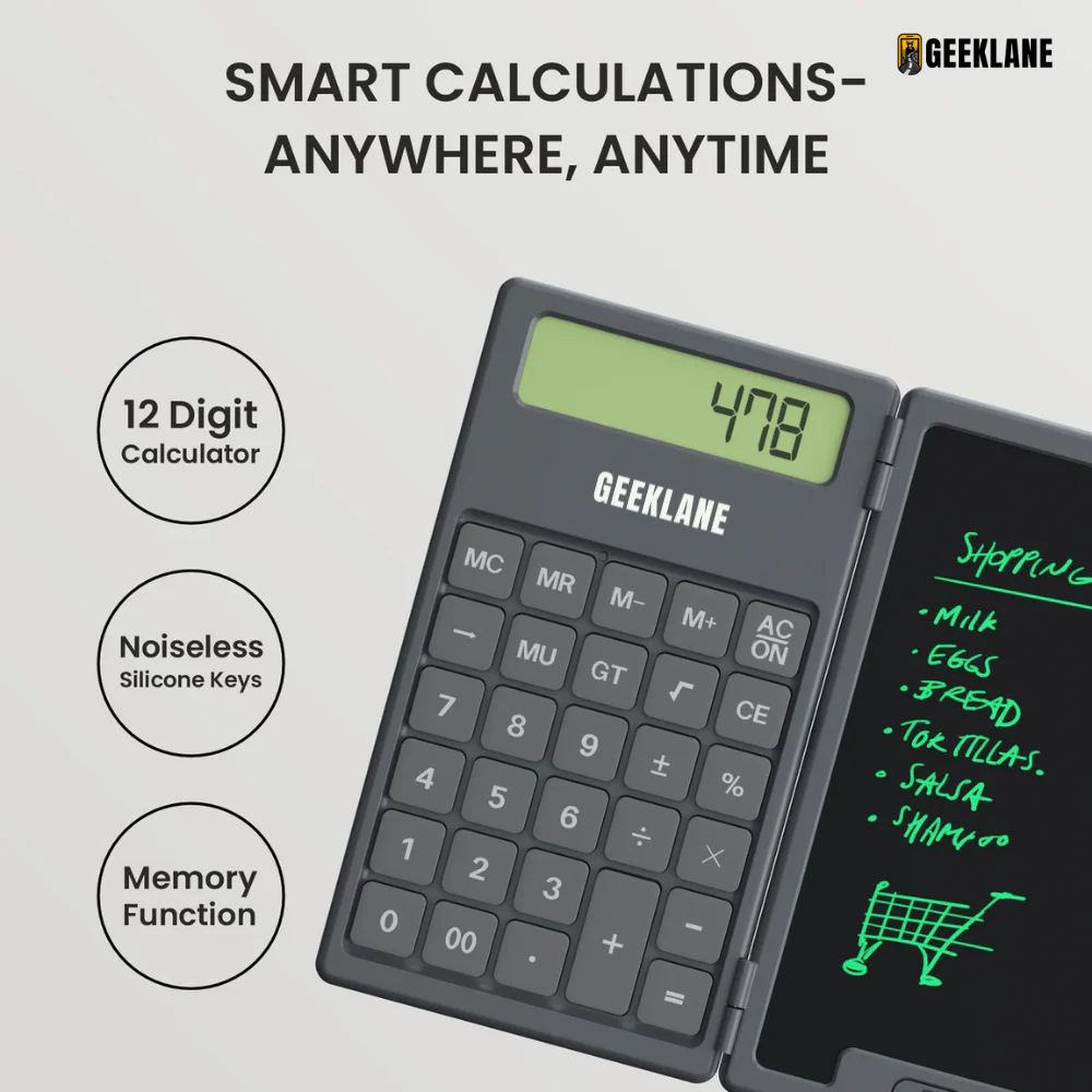 DigiFold: 2-in-1 Foldable Calculator & LCD Writing Pad – 12-Digit Pocket Calculator with 6.5-Inch Screen & Stylus for Office, School & On-the-Go Use - Image 3