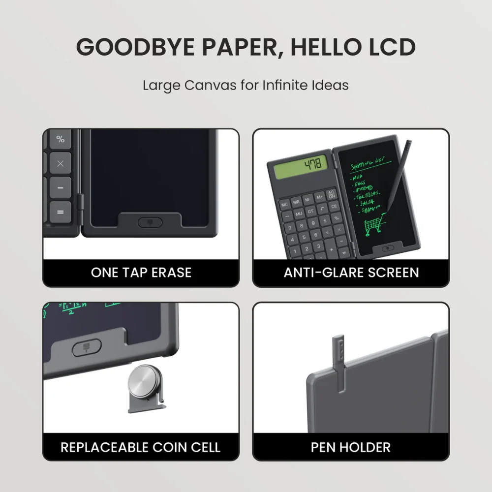 DigiFold: 2-in-1 Foldable Calculator & LCD Writing Pad – 12-Digit Pocket Calculator with 6.5-Inch Screen & Stylus for Office, School & On-the-Go Use - Image 4