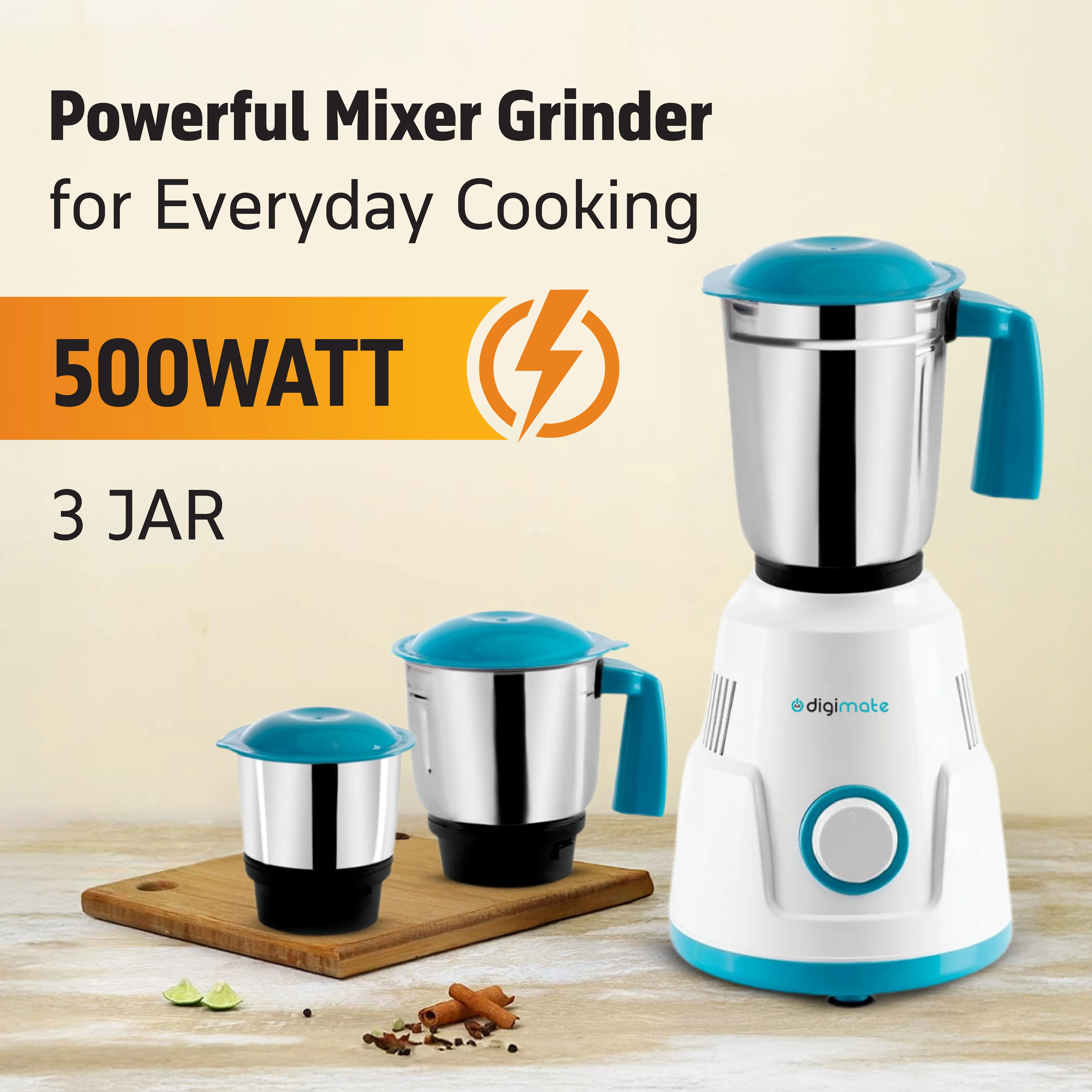 Digimate Sakhi 500W Mixer Grinder With 3 Jars, Power-Packed Performance for Everyday Cooking (DG-MG-Sakhi-01, Blue & White) - Image 4
