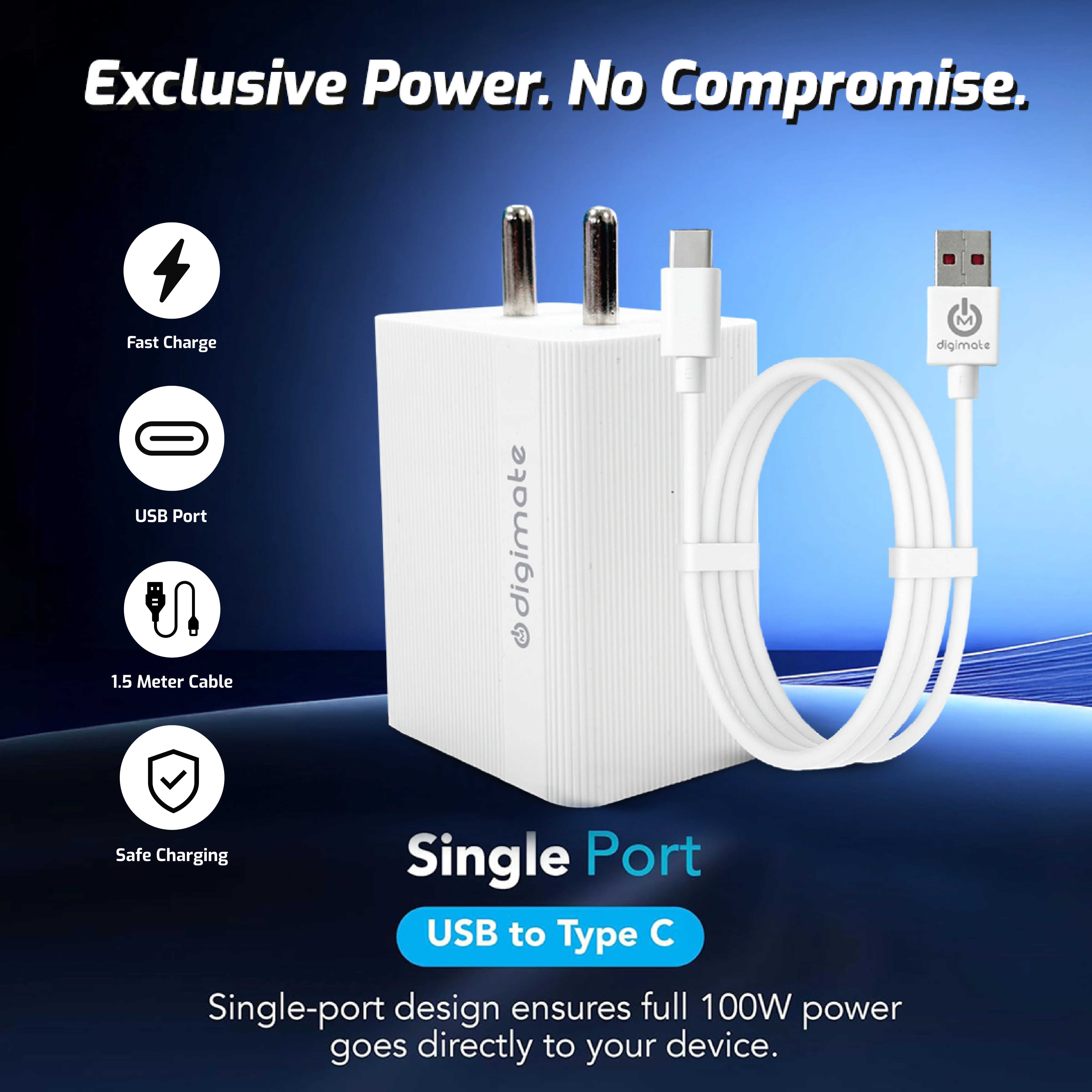 Digimate Voltedge 100W Super Vooc Dash Charger With 1.5 Meter USB to Type C Cable (DG-VOLT-100, White) - Image 5