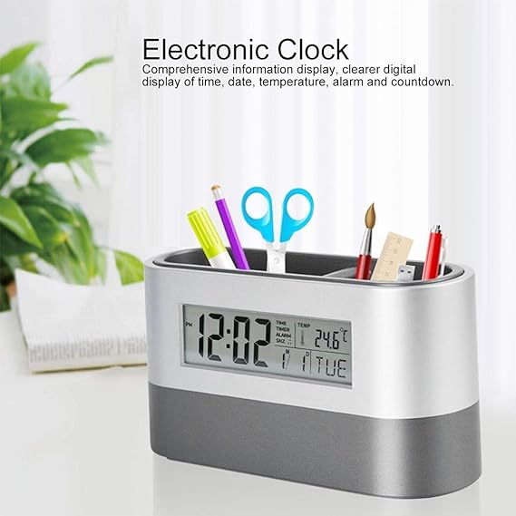 Digital Table Clock With Pen Holder, Home Office Essentials 1pc - Image 4
