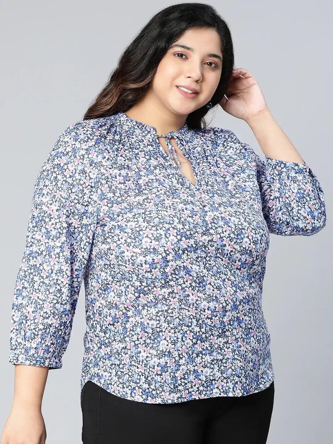 Discovered Blue Floral Printed Plus Size Women Top - Image 4