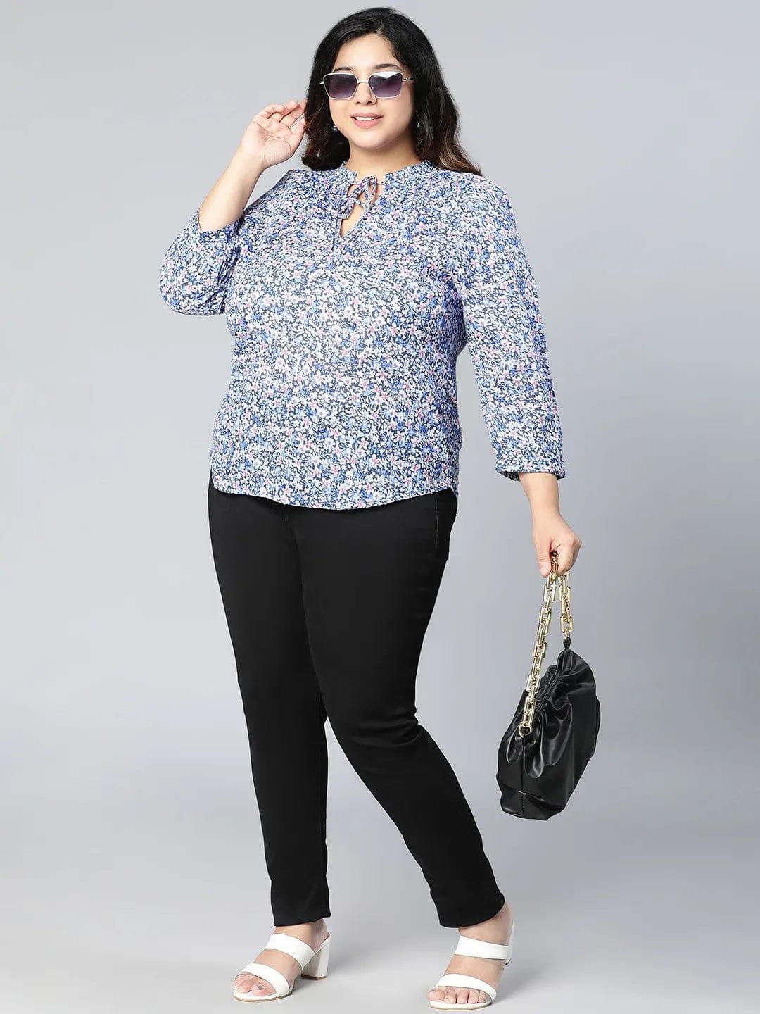 Discovered Blue Floral Printed Plus Size Women Top - Image 7