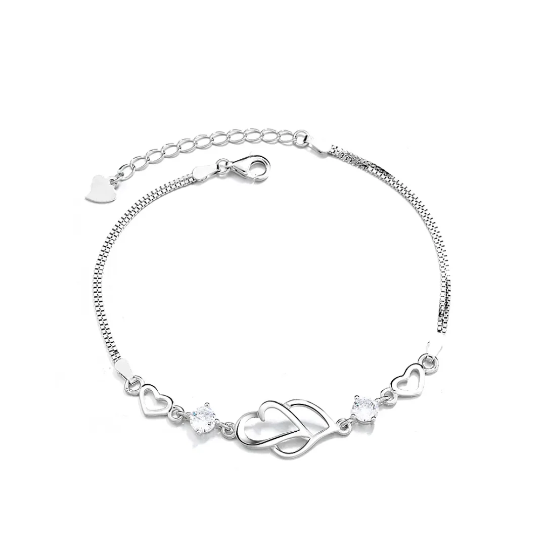 Double Heart Shape Silver Plated Cz Crystal Bracelet, Gift For Loved One, Valentine'S Day Gift