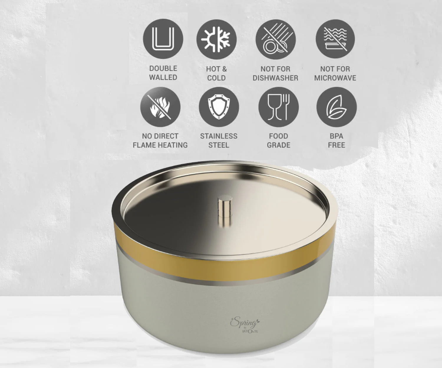 Double Wall Stainless Steel Casserole with Lid | 1200ml Capacity (1700ml Without Lid) | Food-Grade Steel | Multipurpose Serving Bowl | Black & Beige - Image 11