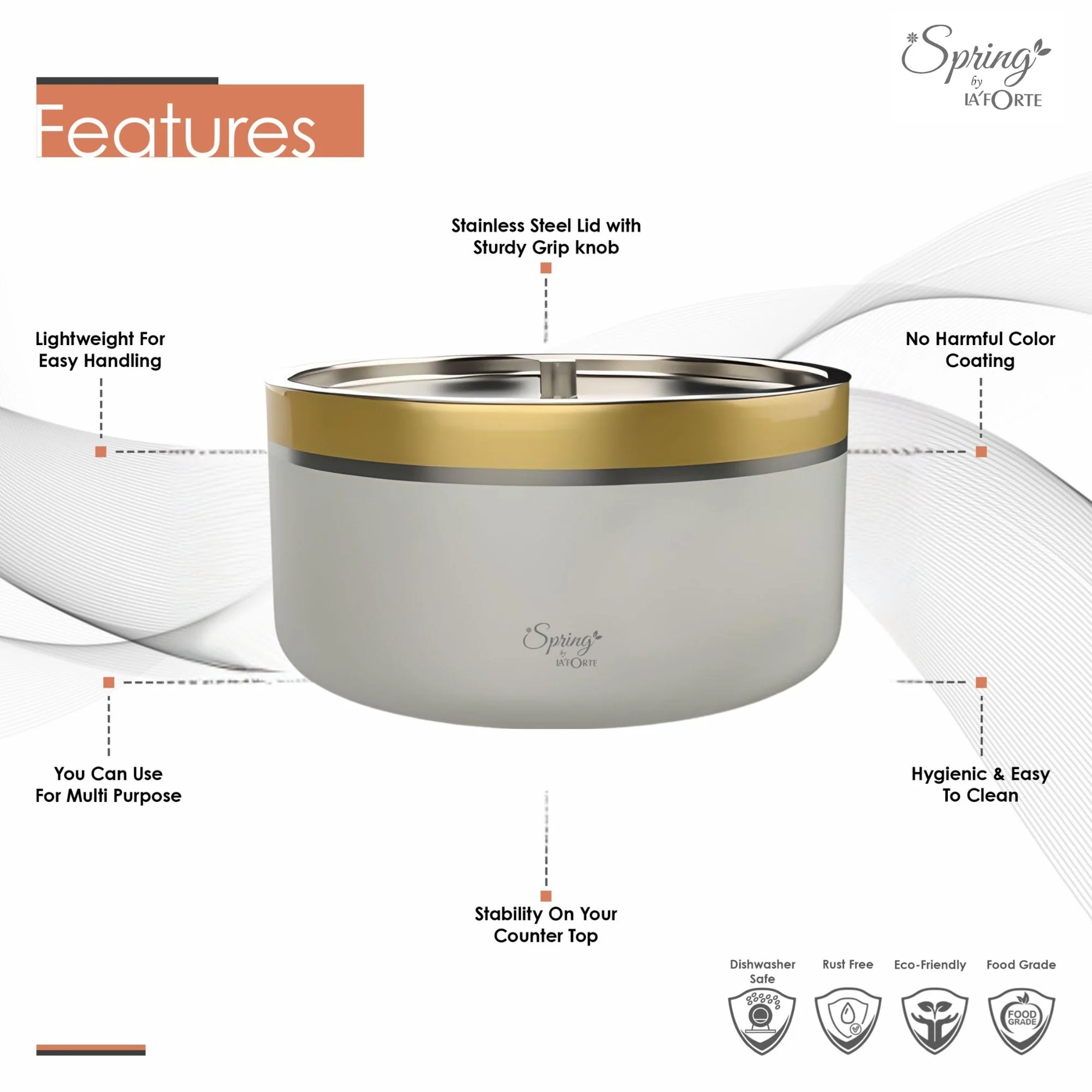 Double Wall Stainless Steel Casserole with Lid | 1200ml Capacity (1700ml Without Lid) | Food-Grade Steel | Multipurpose Serving Bowl | Black & Beige - Image 13