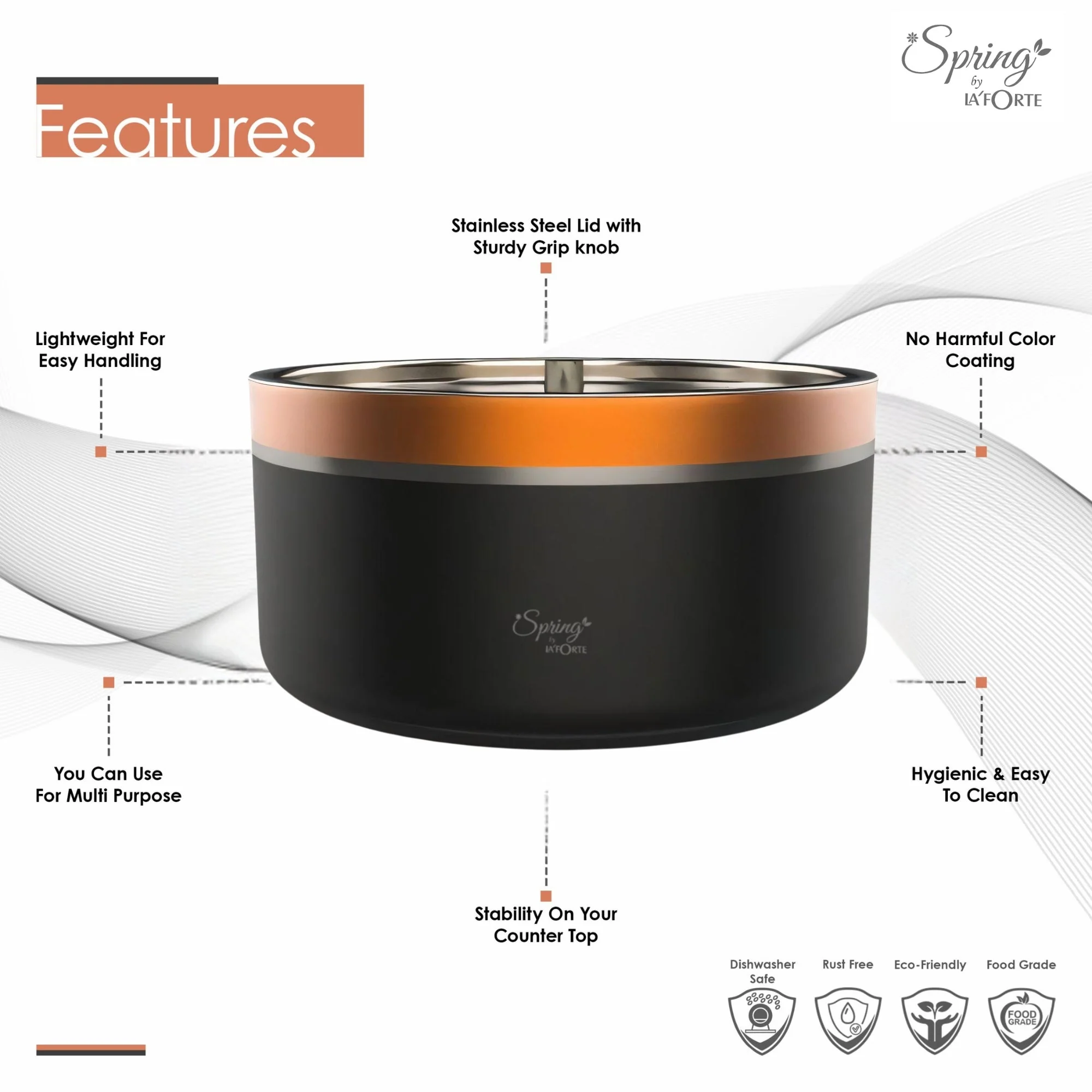 Double Wall Stainless Steel Casserole with Lid | 1200ml Capacity (1700ml Without Lid) | Food-Grade Steel | Multipurpose Serving Bowl | Black & Beige - Image 4