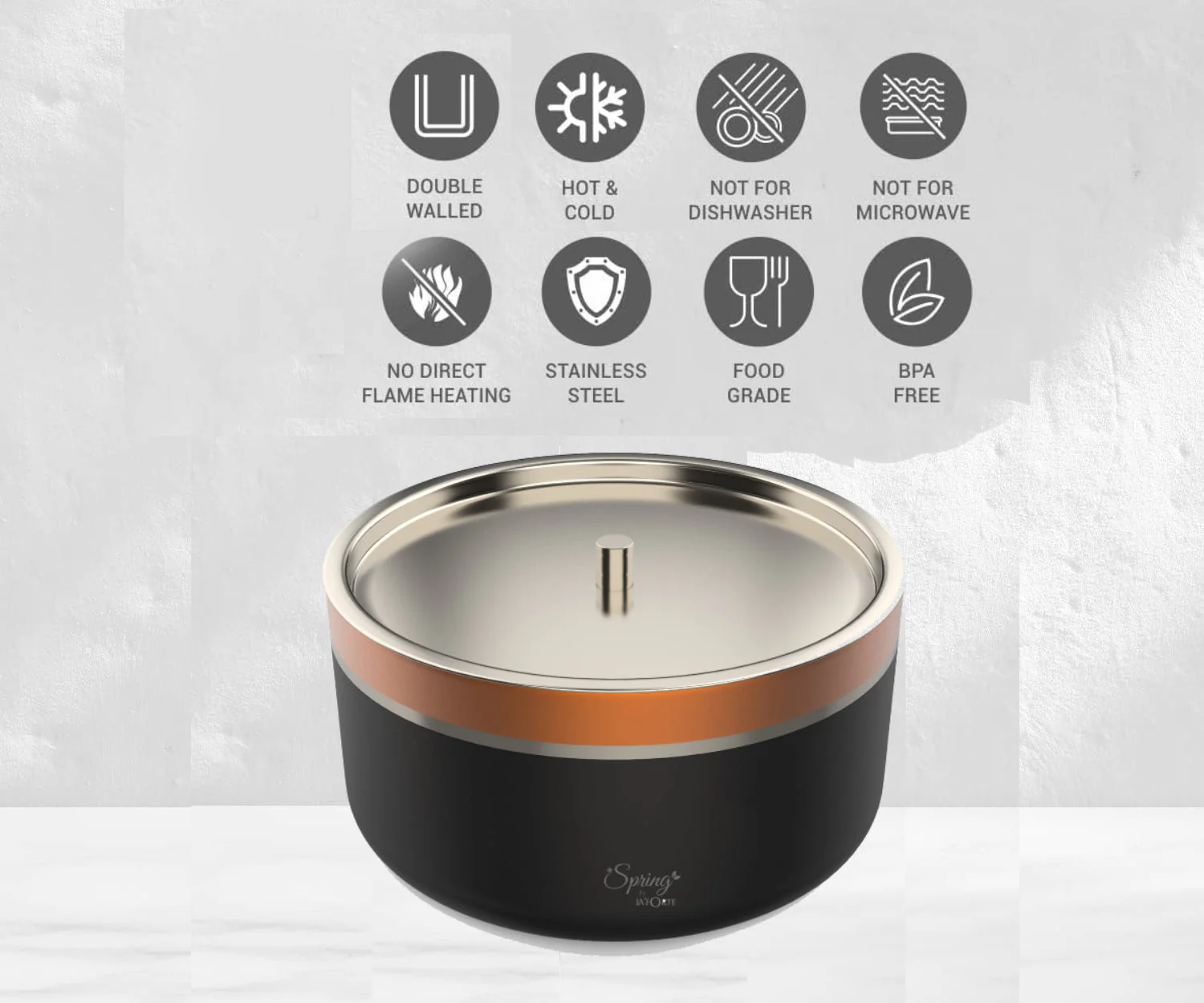 Double Wall Stainless Steel Casserole with Lid | 1200ml Capacity (1700ml Without Lid) | Food-Grade Steel | Multipurpose Serving Bowl | Black & Beige - Image 5