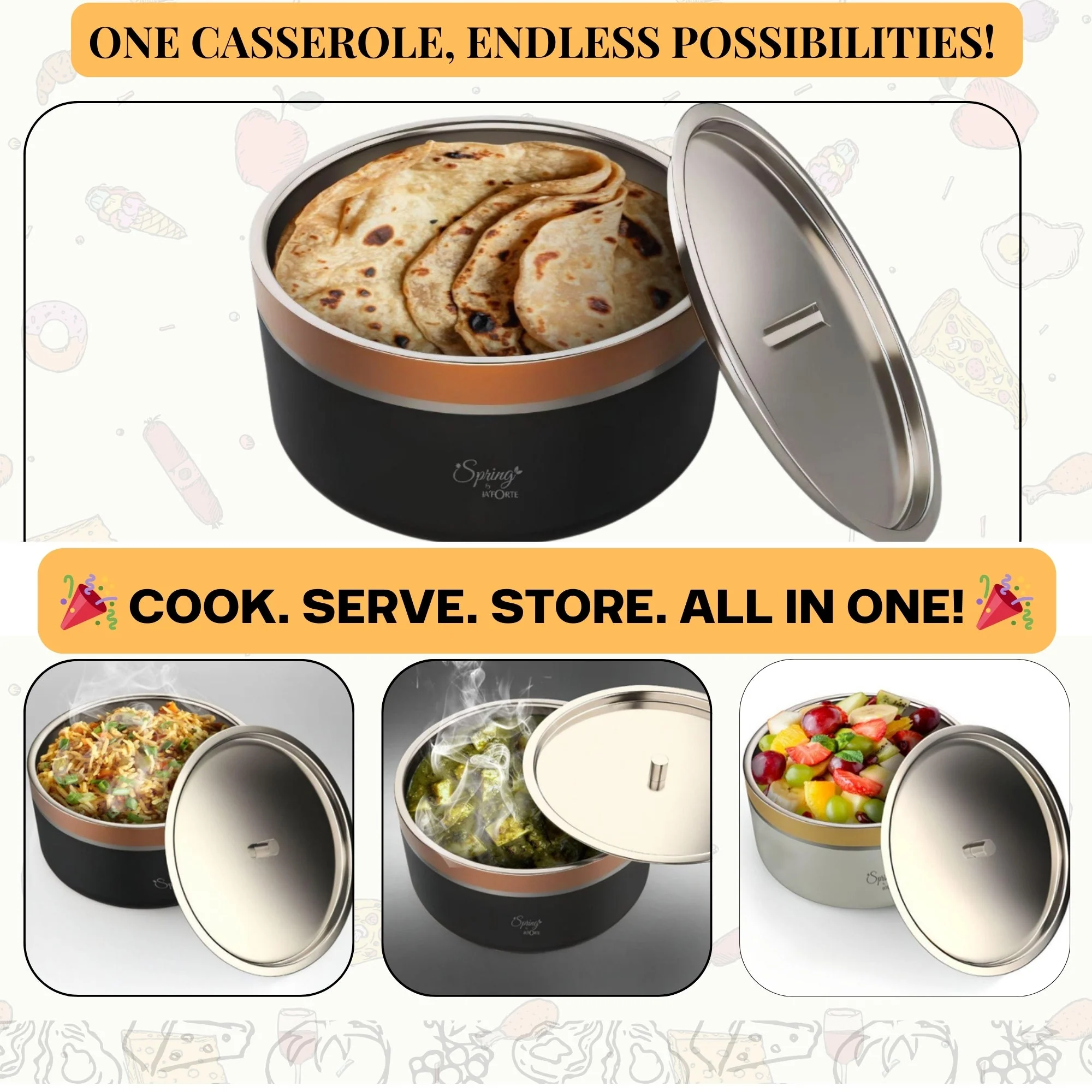 Double Wall Stainless Steel Casserole with Lid | 1200ml Capacity (1700ml Without Lid) | Food-Grade Steel | Multipurpose Serving Bowl | Black & Beige - Image 8
