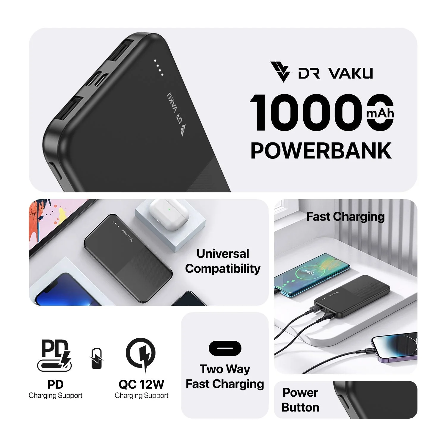 Dr Vaku ® OBIVION 10000mAh Power Bank 12W Dual USB Fast Charge | Type-C & Micro-USB Input | Ultra-Compact & Portable - Image 8