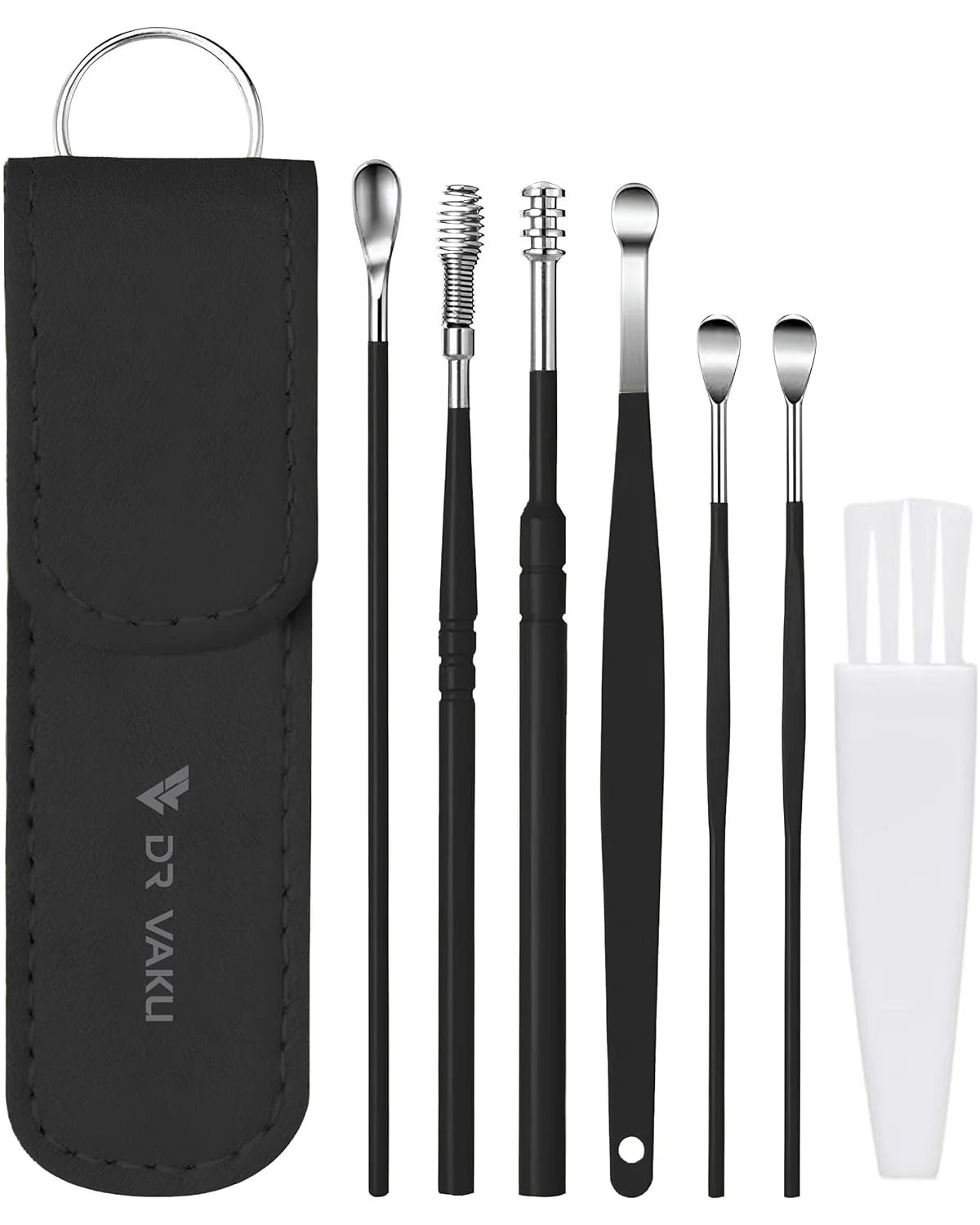 Dr Vaku ® Reusable EarWax Removal Cleaning Tool Kit (Set of 7) Stainless Steel With Storage Case Ear Pick Scoop Curette Cleaner And Spring Buds Safe Easy & Hygienic
