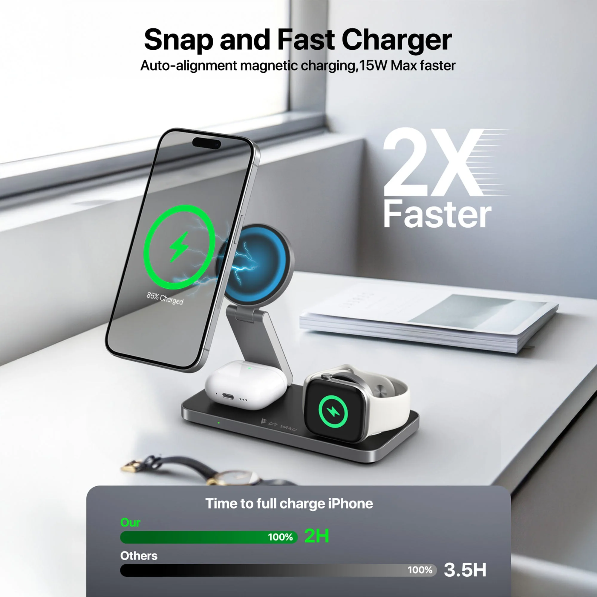 DR VAKU ® TRIXSTATION 3-in-1 MagSafe Wireless Charger Dock (23W) | Fast Charge iPhone, Watch & AirPods - Image 2
