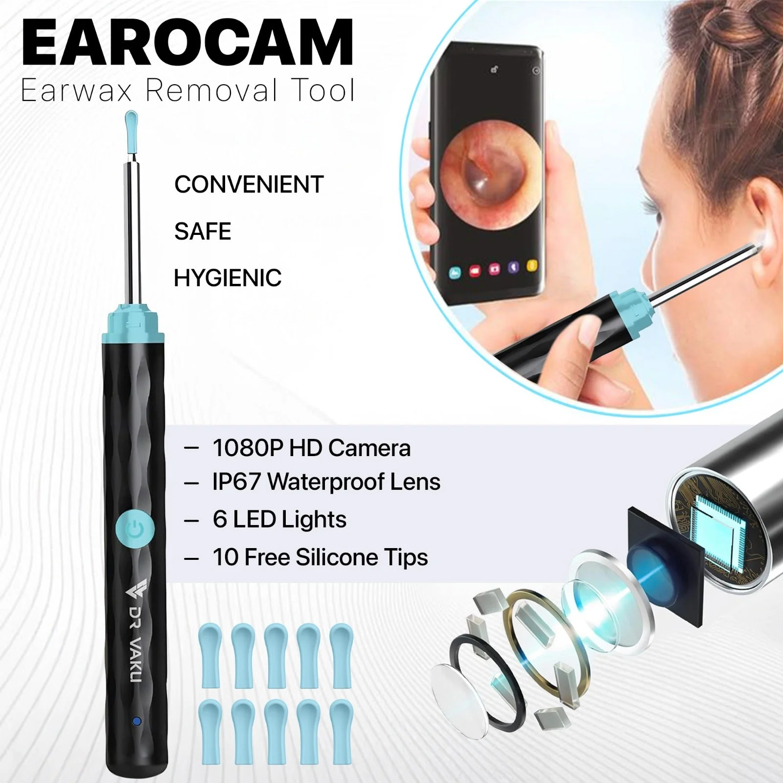 DR VAKU® Earocam Earwax Removal Tool with 1080p Wireless Camera Waterproof Visual Ear Scope Compatible with Android,iOS - Black - Image 7