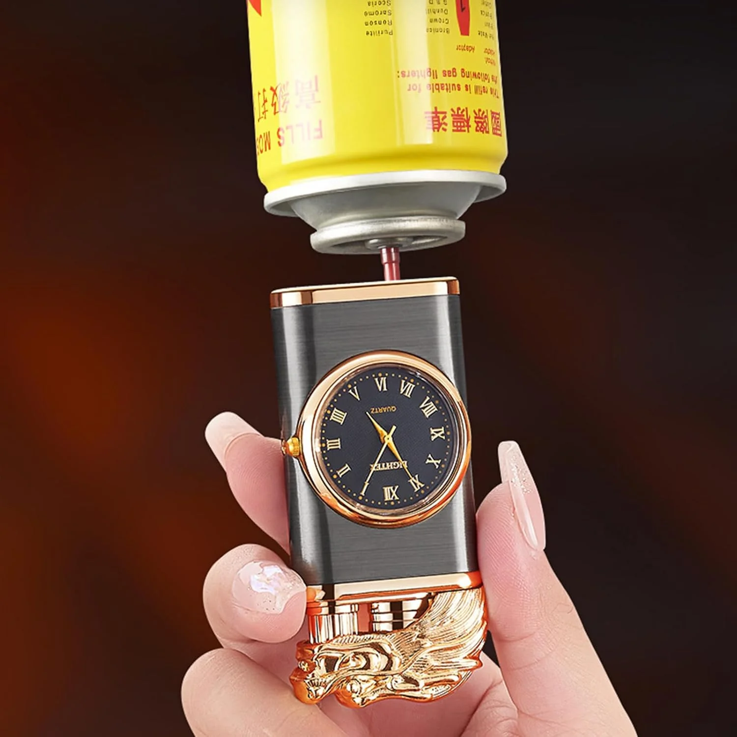 Draco: Windproof Dual Flame Refillable Lighter with Built-in Watch, Dragon Embossed Design & Bold Metal Finish for Collectors & Gifting - Image 4