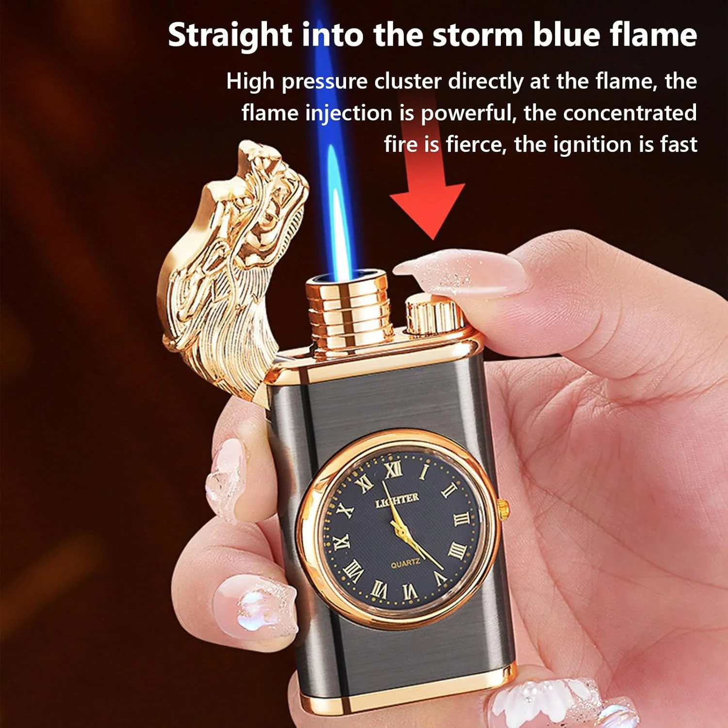 Draco: Windproof Dual Flame Refillable Lighter with Built-in Watch, Dragon Embossed Design & Bold Metal Finish for Collectors & Gifting - Image 5