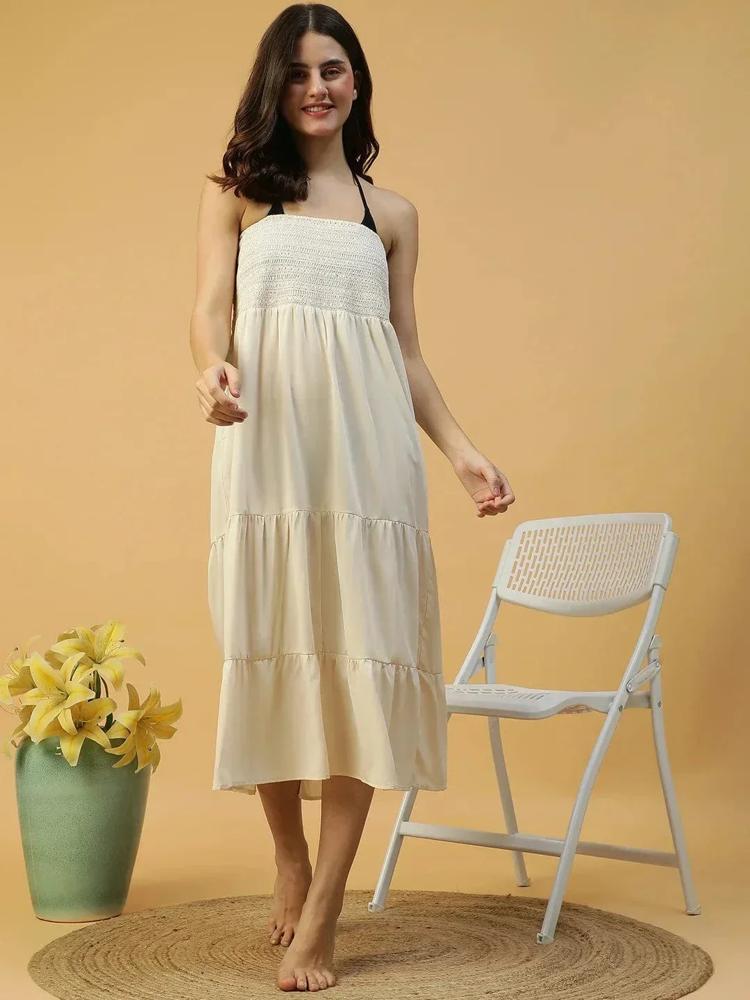 Drape White Smocked Off Shoulder Women Beachwear Cotton Dress - Image 2