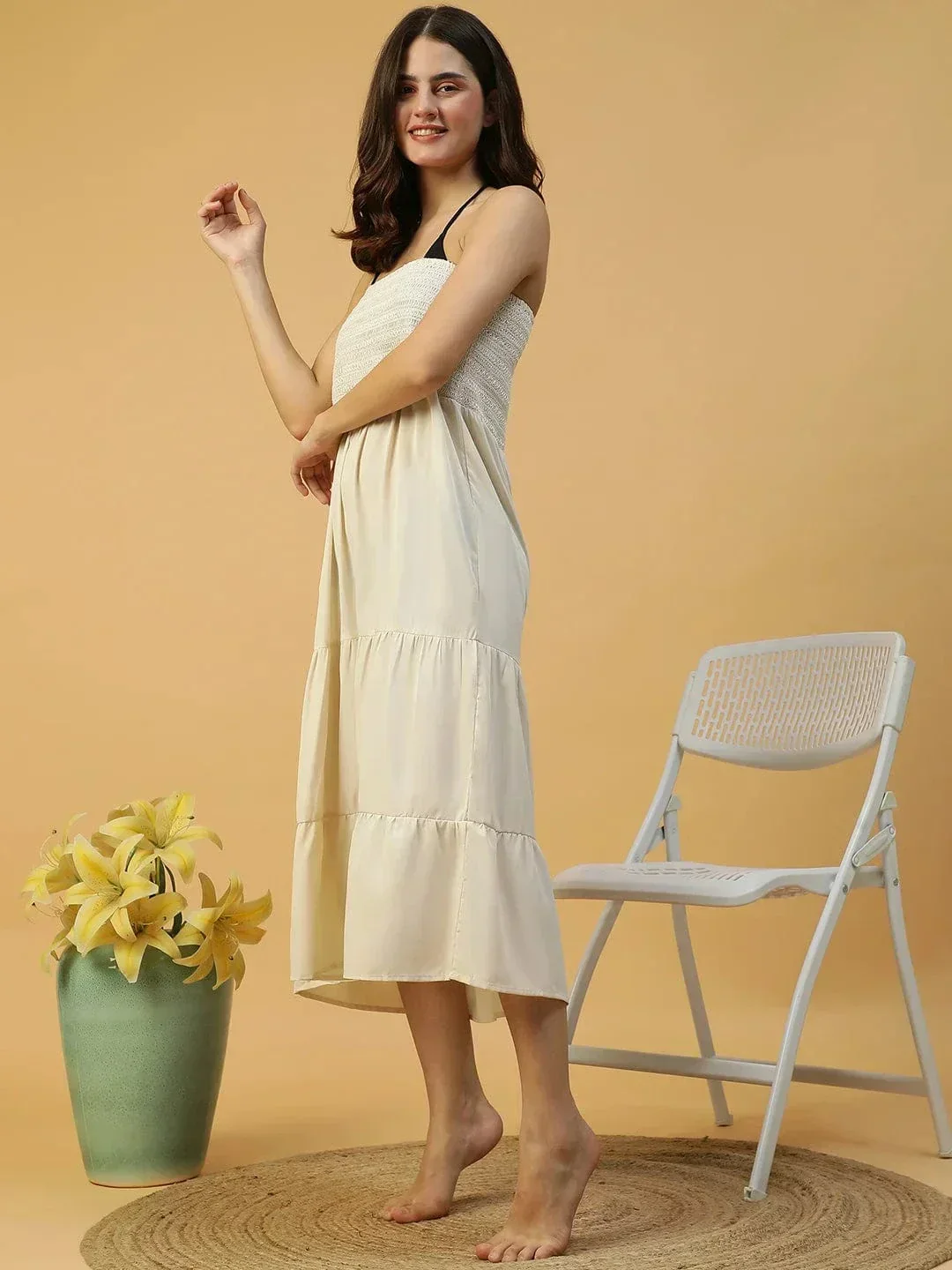 Drape White Smocked Off Shoulder Women Beachwear Cotton Dress - Image 4