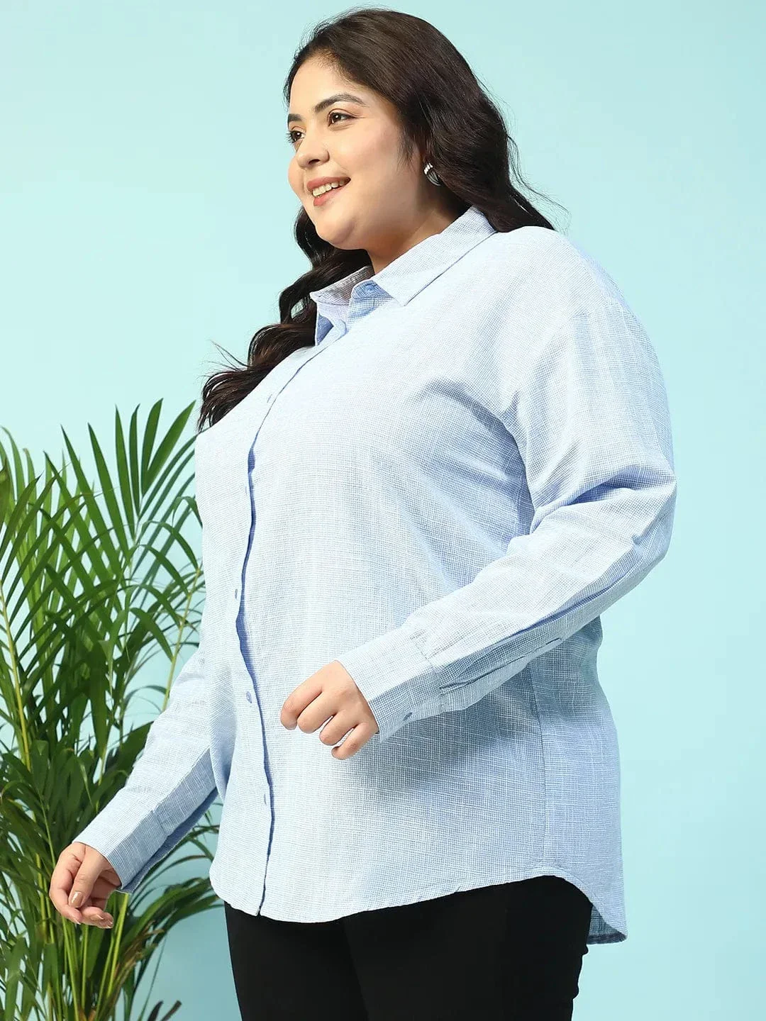 Drapped Blue Yarn-Dyed Collared Long Sleeve Button Down Plus Size Women Cotton Shirt - Image 3