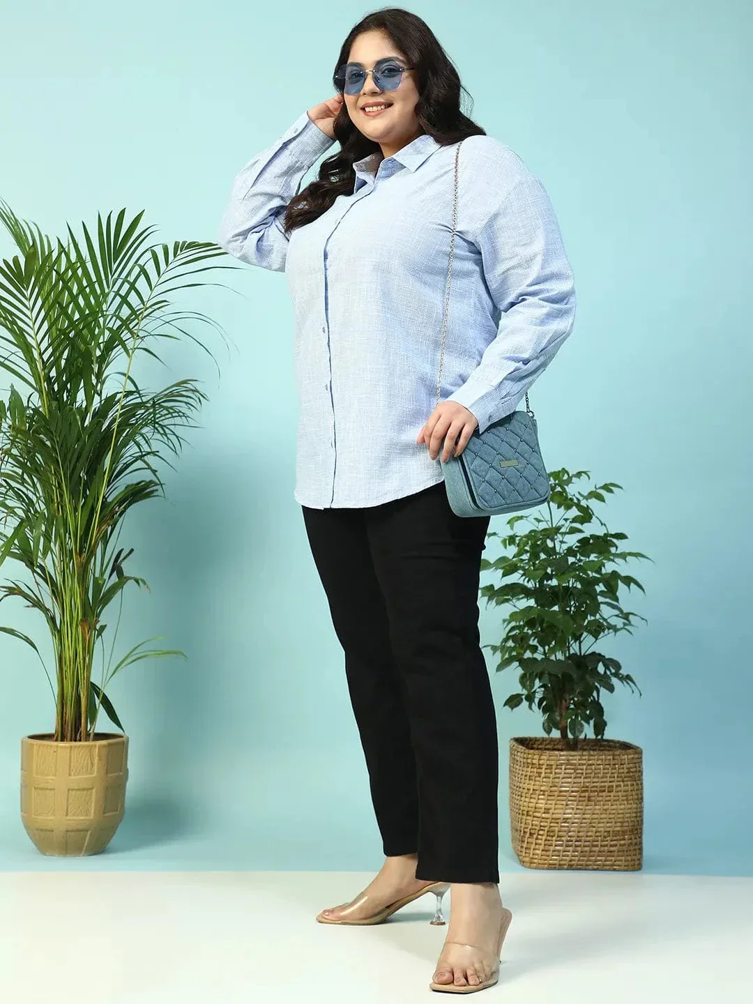 Drapped Blue Yarn-Dyed Collared Long Sleeve Button Down Plus Size Women Cotton Shirt - Image 7
