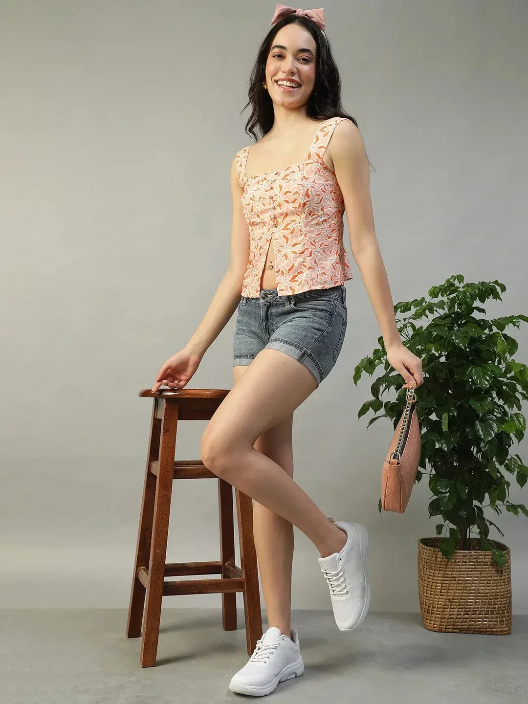 Dreamlike Peach Graphic Floral Print Smocked Button Down Women Swiss Dobby Top - Image 2