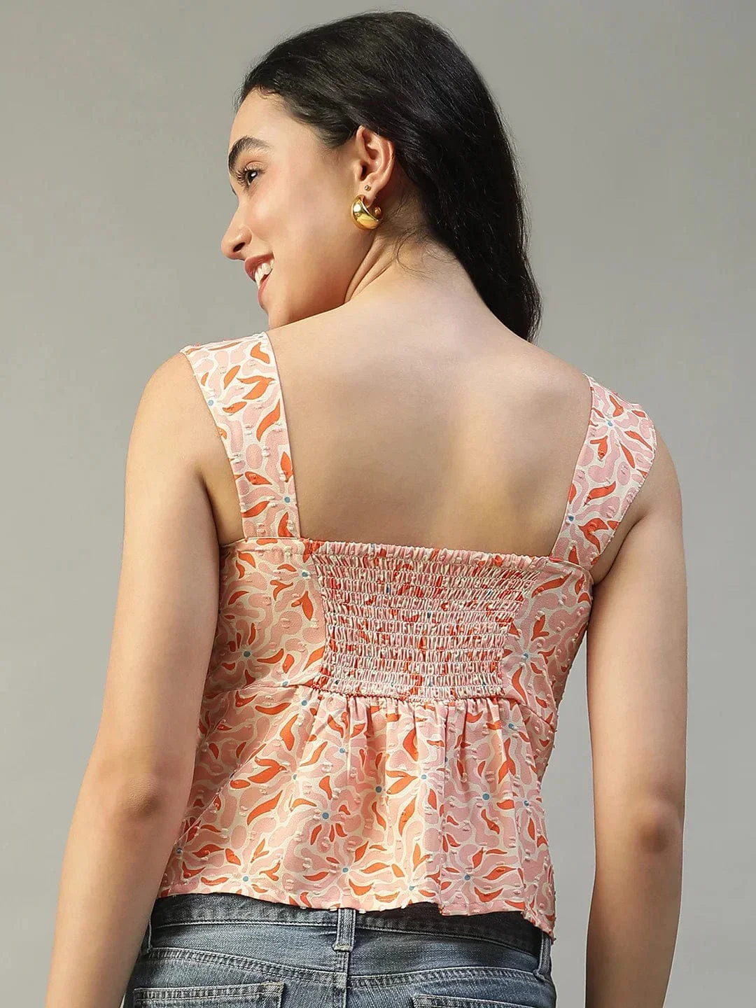 Dreamlike Peach Graphic Floral Print Smocked Button Down Women Swiss Dobby Top - Image 5