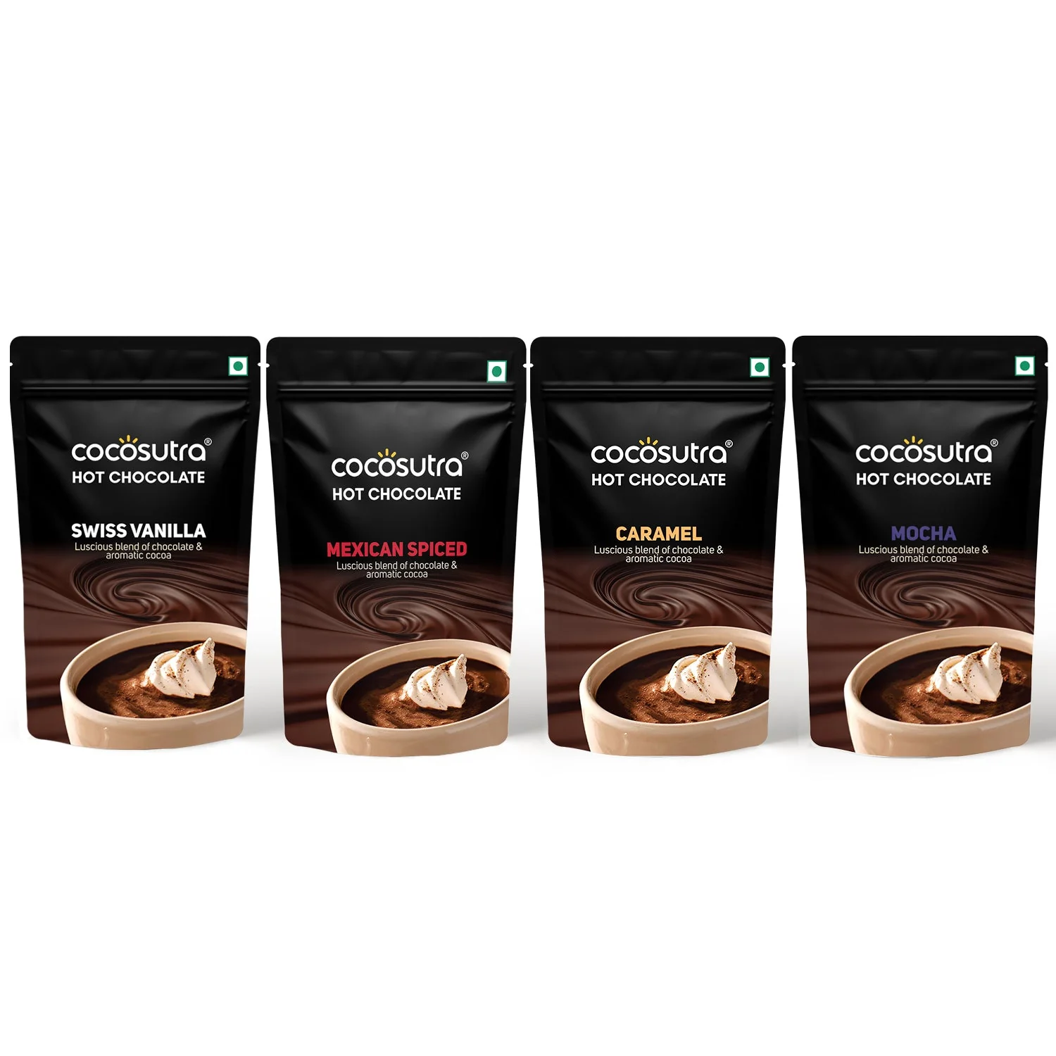 Drinking Chocolate Mix Collection - 4 in 1 Pack | Swiss Vanilla, Mexican Spiced, Caramel & Mocha (100 g each)