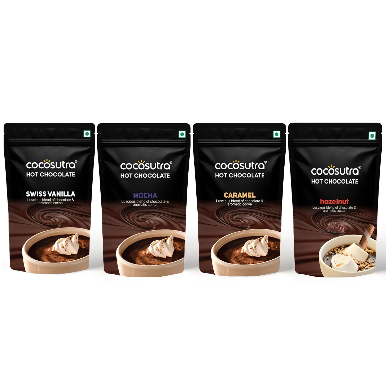 Drinking Chocolate Mix Collection - 4 in 1 Pack | Swiss Vanilla, Mocha, Caramel & Hazelnut | 100 g Each
