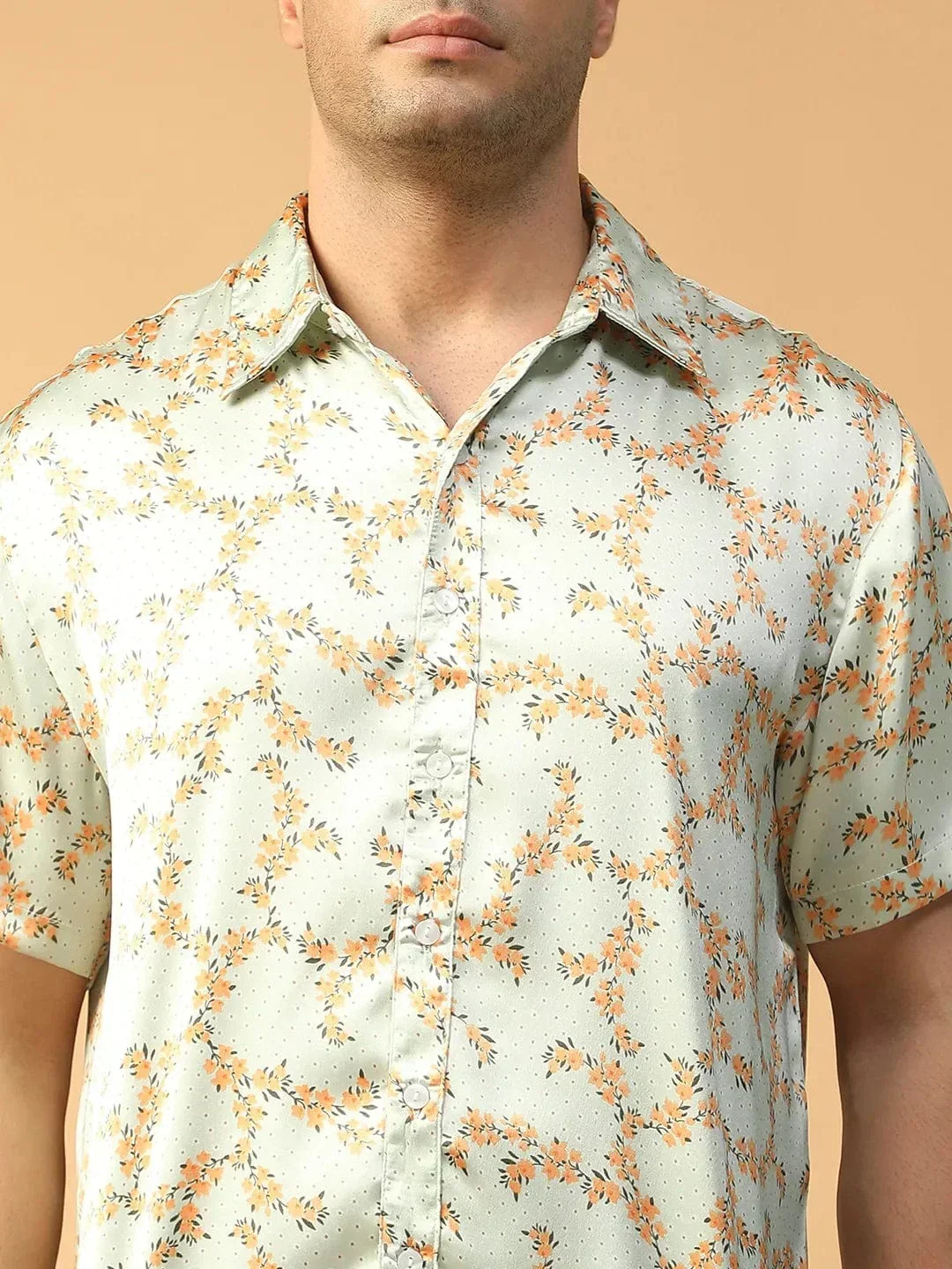 Drip Green Floral Print Collared Short Sleeve Men Oversized Satin Shirt - Image 7