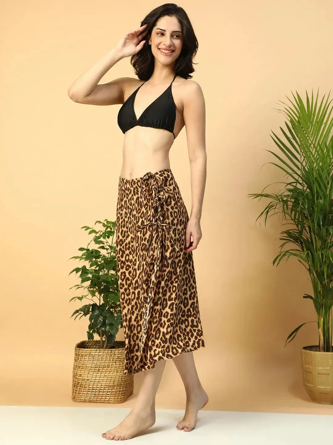 Drippy Brown Animal Print Elasticated With Tie-Up String Detail Women Beachwear Satin Skirt - Image 2