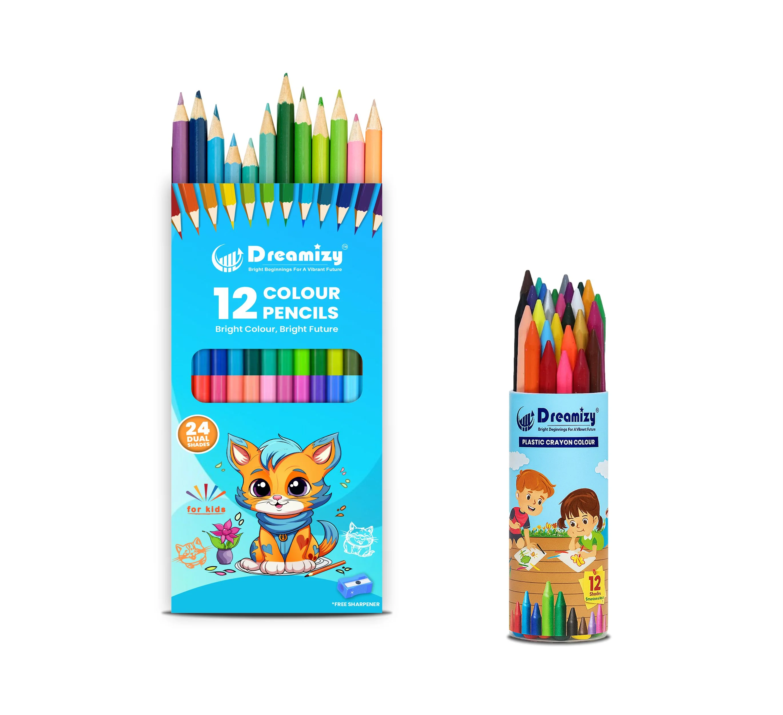Dual Colour Pencils - 12 Pencils | 24 Shades with Sharpener & 12 Colours Plastic Crayons (Combo pack of 2 set - Multicolours) - Image 2