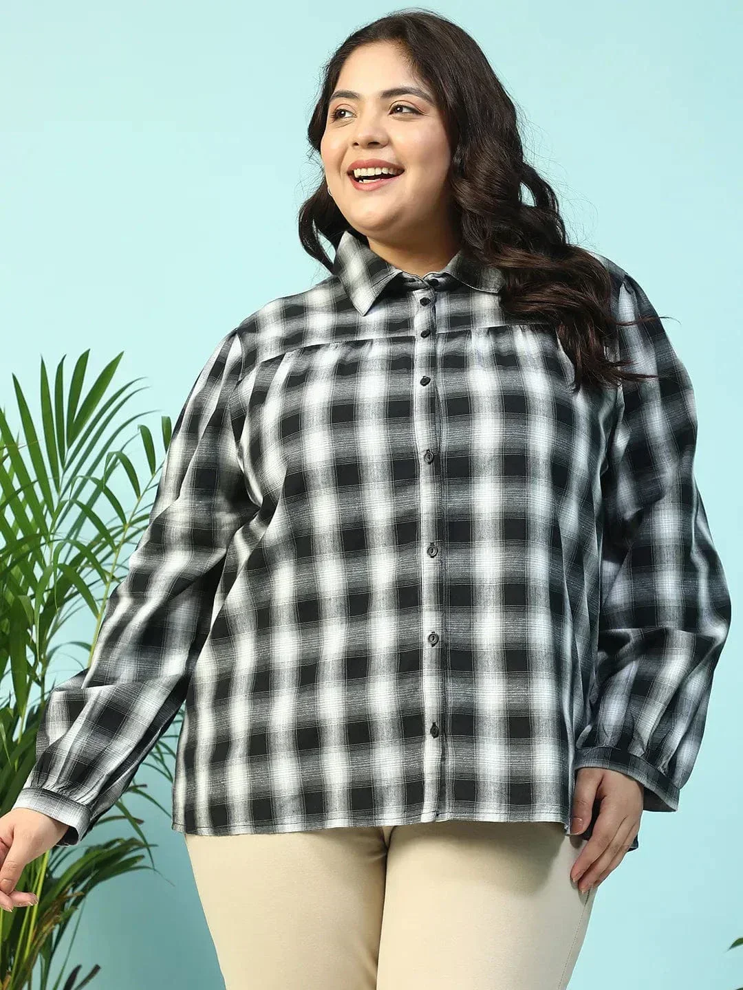 Dusky Black Yarn-Dyed Check Print Collared Long Sleeve Button Down Plus Size Women Cotton Shirt