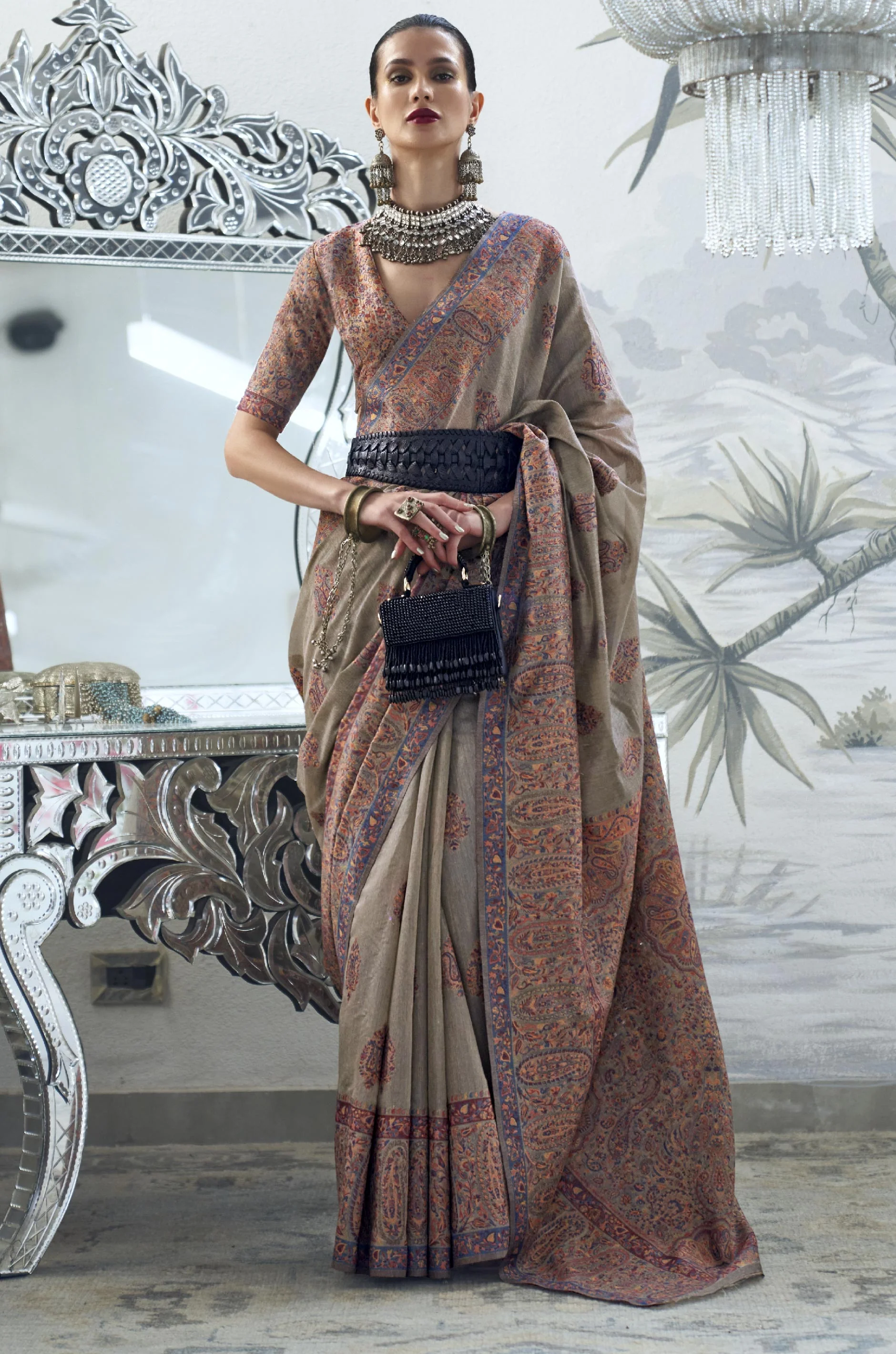 Dusty Green Kashmiri Modal Silk Saree