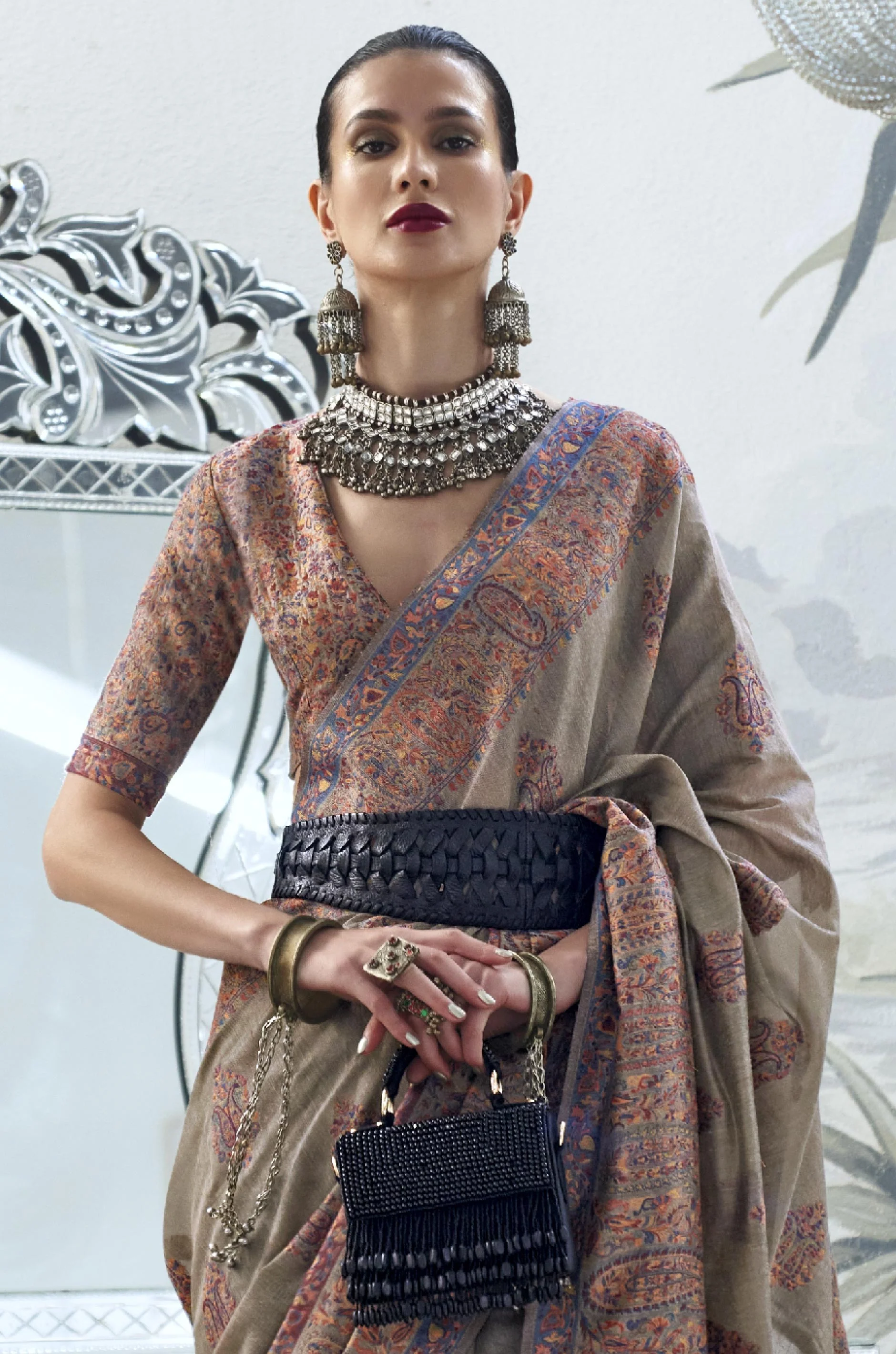 Dusty Green Kashmiri Modal Silk Saree - Image 2