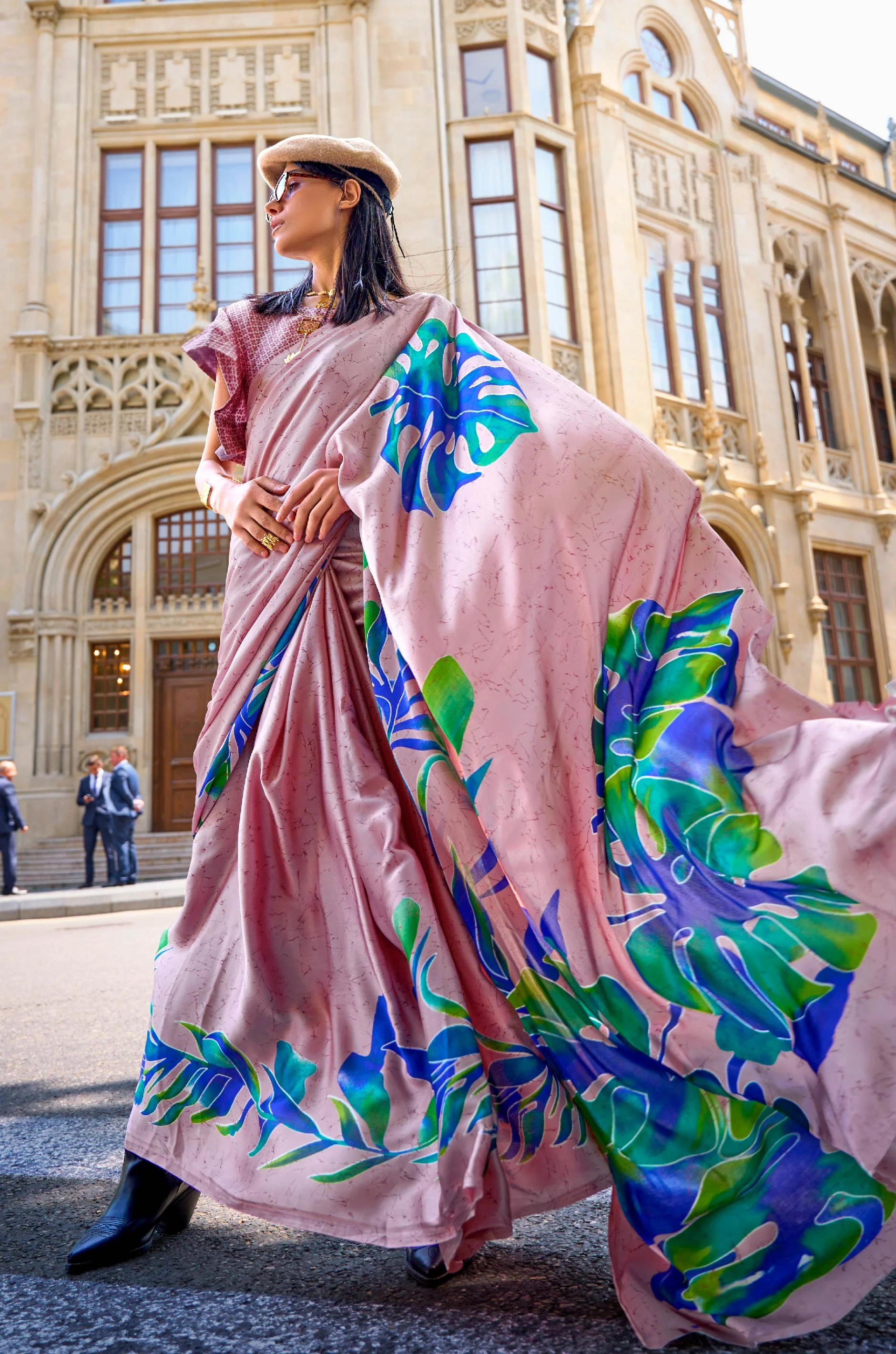 Dusty Pink Digital Print Satin Crepe Saree