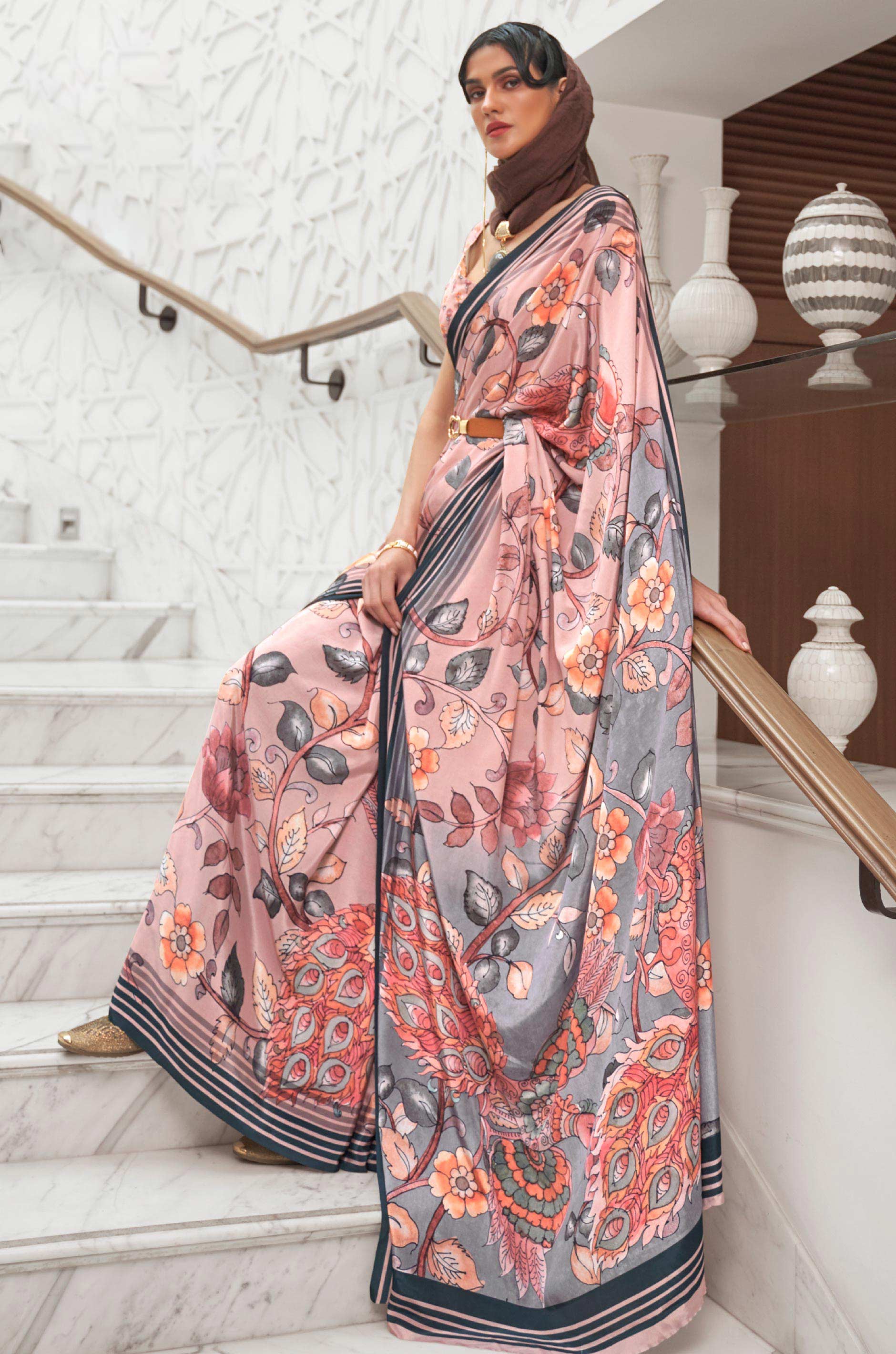 Dusty Pink Multicolour Satin Crepe Saree