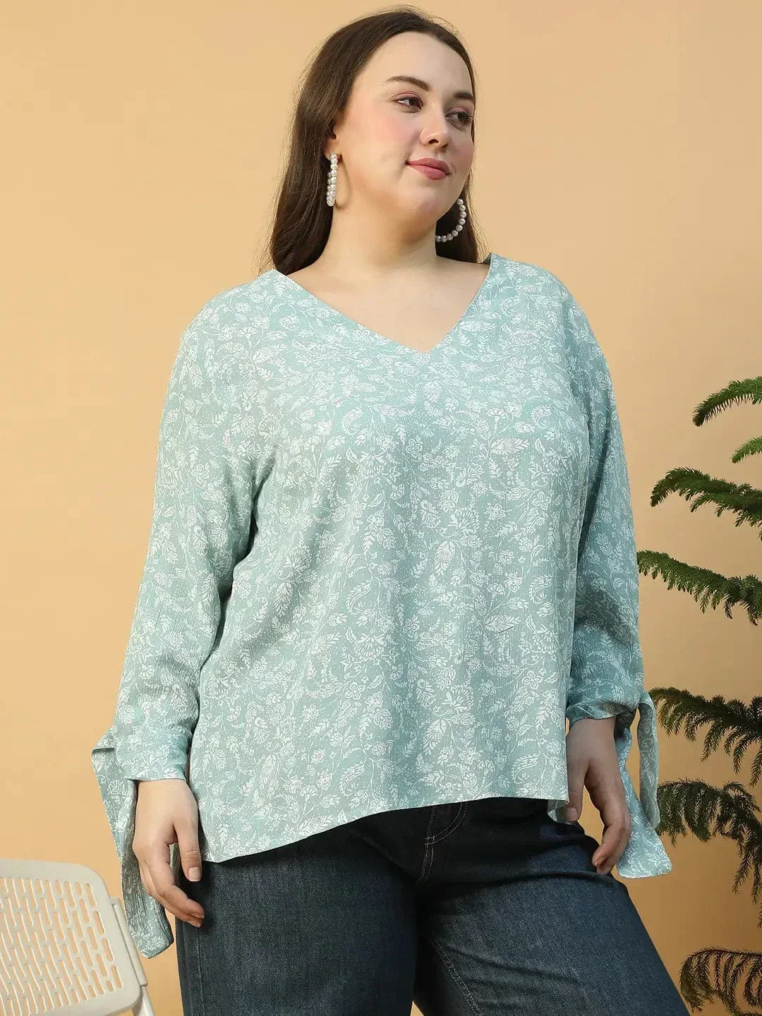 Eccentric Blue Floral Print Long Sleeve With Tie-up Detail Plus Size WomenTop - Image 5