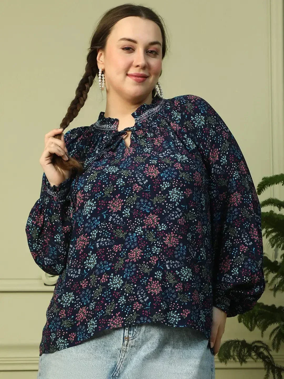 Eclat Navy Blue Floral Print Long Sleeve Smocking Detail Plus Size Women Top