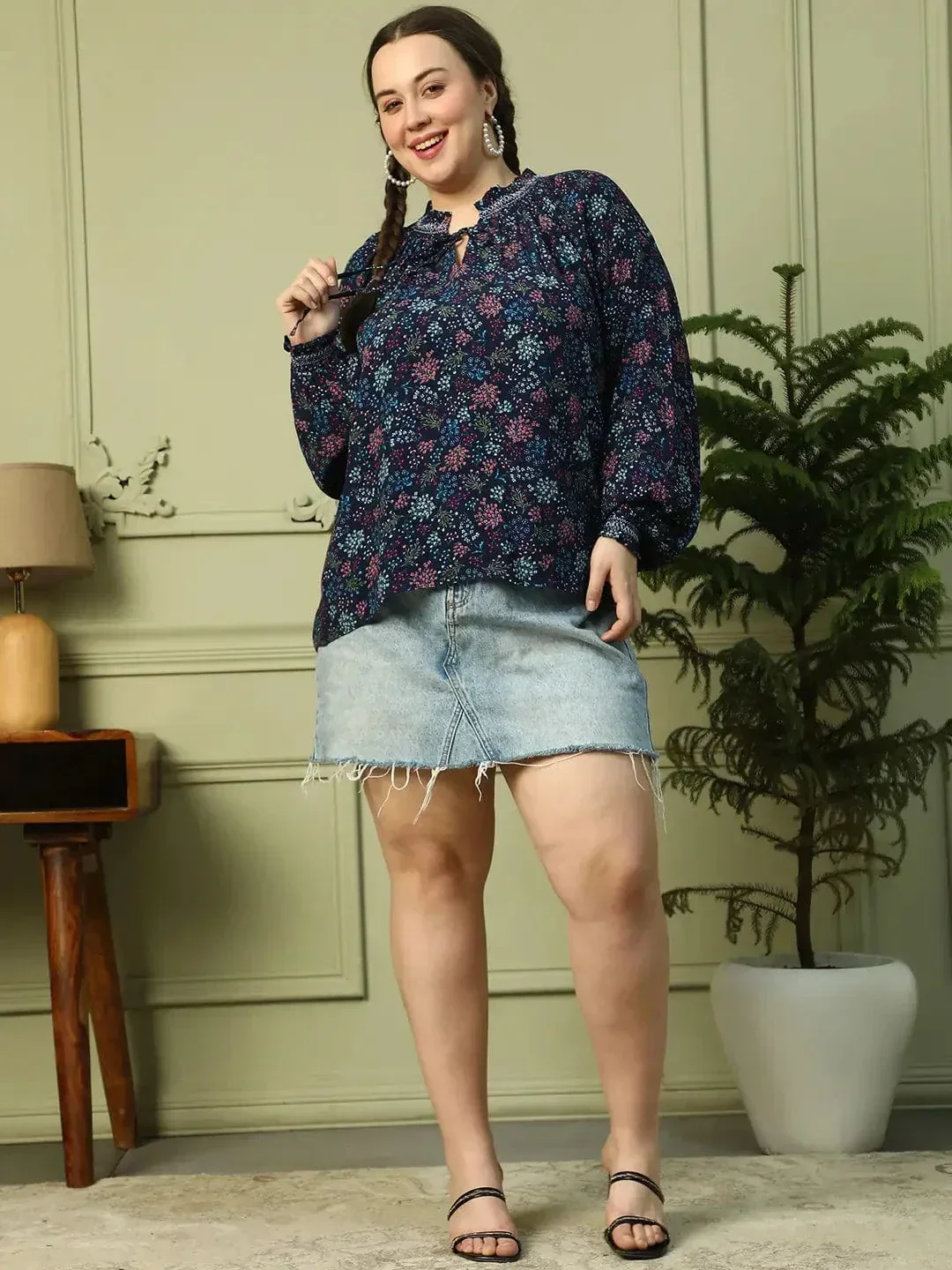 Eclat Navy Blue Floral Print Long Sleeve Smocking Detail Plus Size Women Top - Image 2