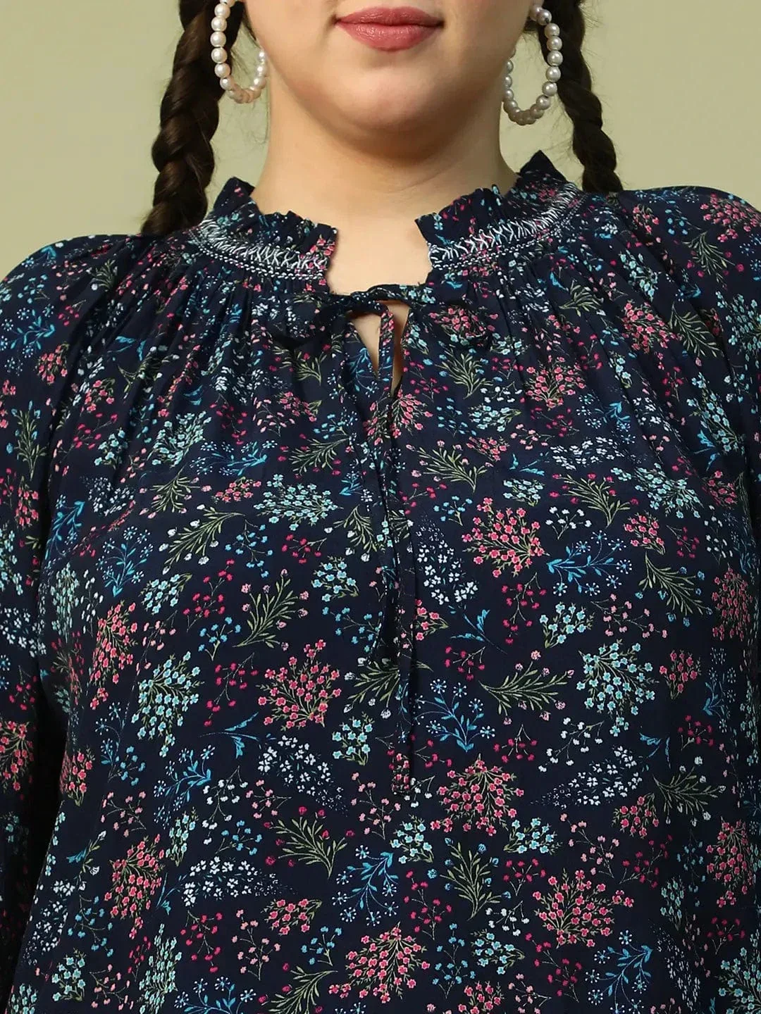 Eclat Navy Blue Floral Print Long Sleeve Smocking Detail Plus Size Women Top - Image 6