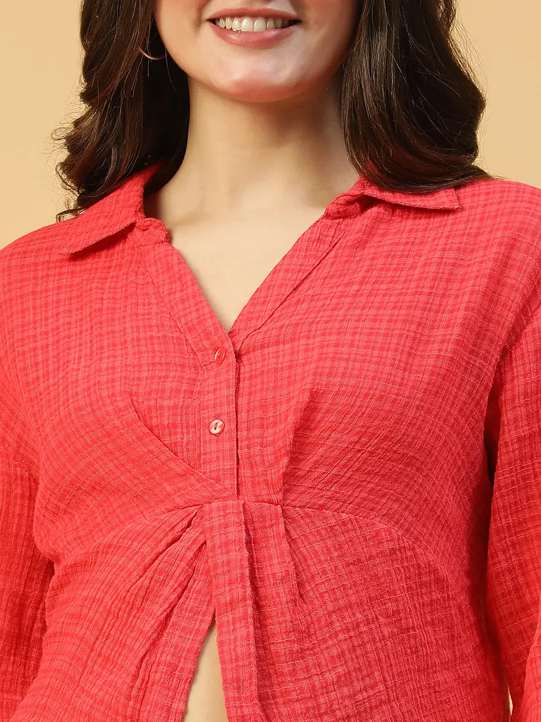 Eclectic Red Button Detailed Long Sleeve Open Collar Women Crop Cotton Shirt - Image 3