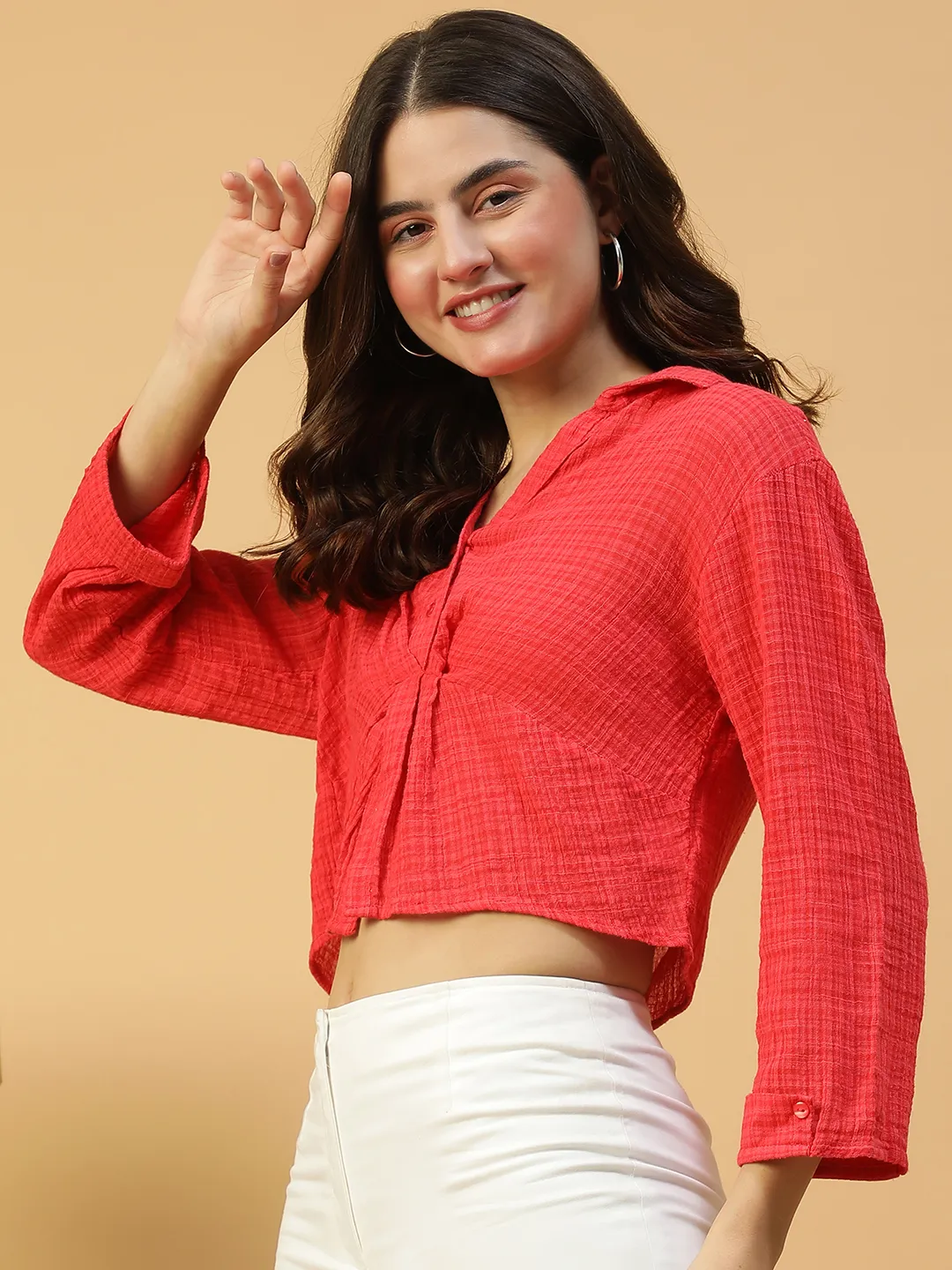 Eclectic Red Button Detailed Long Sleeve Open Collar Women Crop Cotton Shirt - Image 6