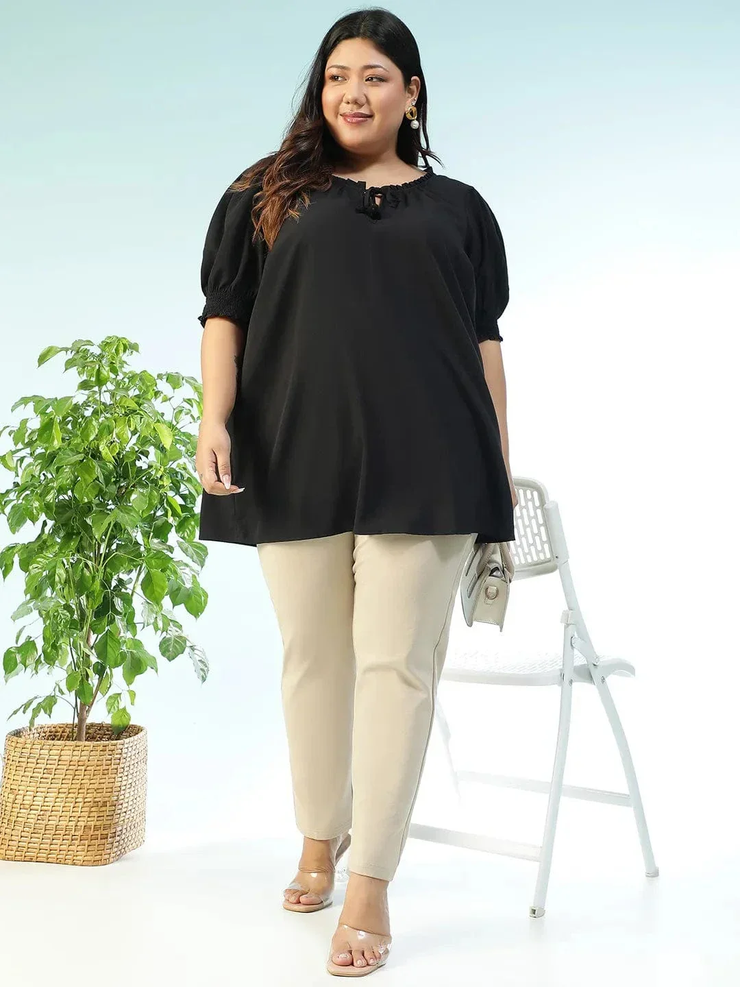 Edgefit Black Ruffle & Tie -Up Detail Short Sleeve Plus Size Women Top - Image 8