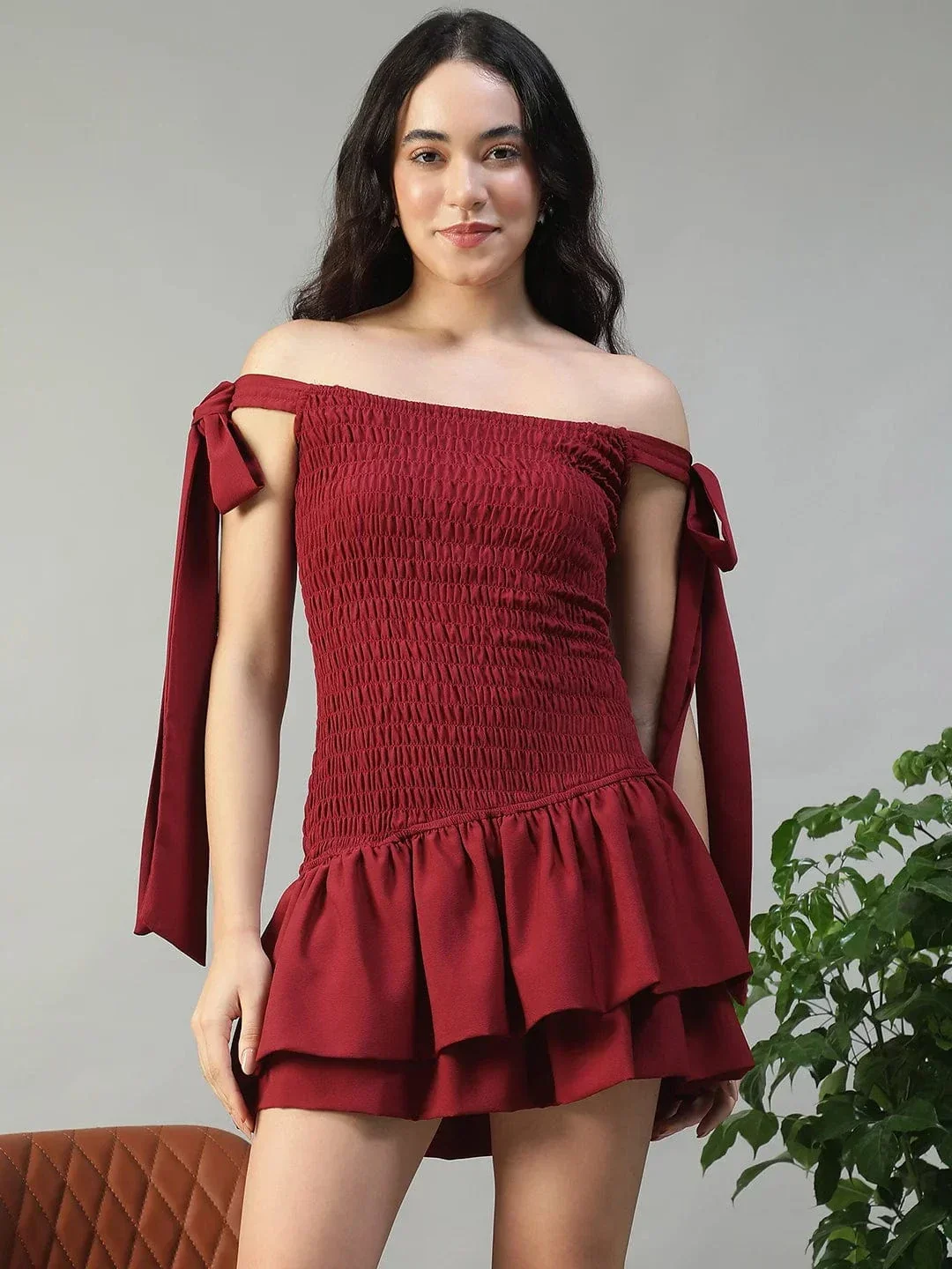 Effortless Solid Maroon Women Off Shoulder Cotton Poplin Skater Dress with Smocked Bodice Tie-Up Detail