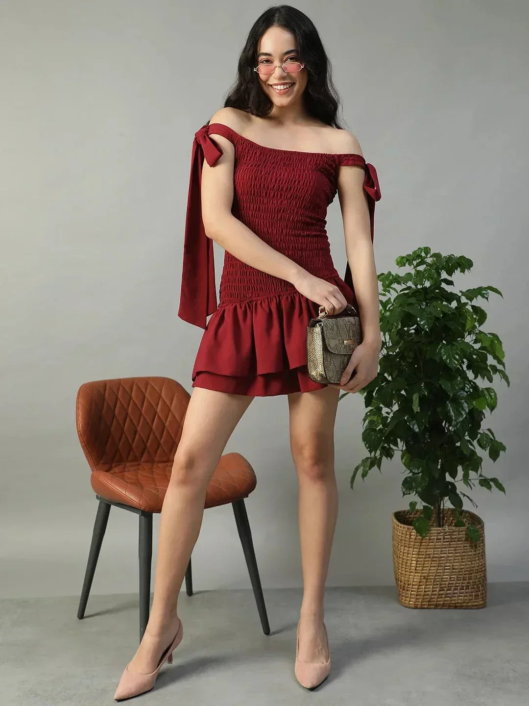 Effortless Solid Maroon Women Off Shoulder Cotton Poplin Skater Dress with Smocked Bodice Tie-Up Detail - Image 2
