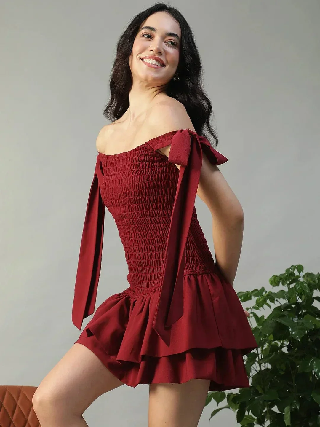 Effortless Solid Maroon Women Off Shoulder Cotton Poplin Skater Dress with Smocked Bodice Tie-Up Detail - Image 3