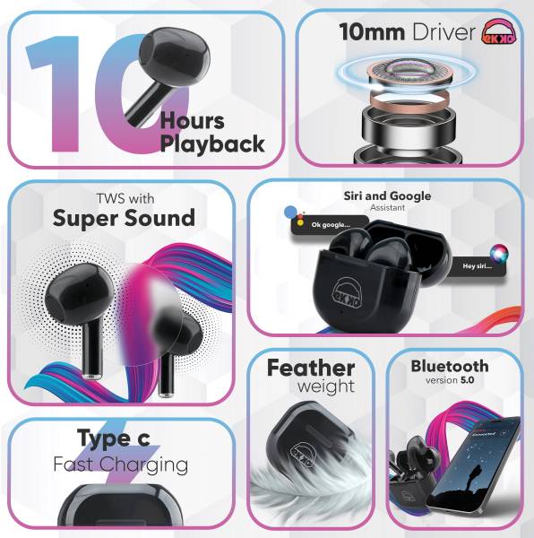 EKKO Earbeats T02: 10H Playtime, Siri & Google Assistant, Type C, 10MM Drivers, Mass Bass, Bluetooth 5.0, Ultimate Comfort (Black) - Image 3