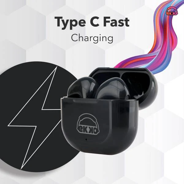 EKKO Earbeats T02: 10H Playtime, Siri & Google Assistant, Type C, 10MM Drivers, Mass Bass, Bluetooth 5.0, Ultimate Comfort (Black) - Image 4