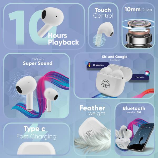 EKKO Earbeats T02: Siri & Google Assistant, Type C, 10MM Drivers, Mass Bass, Bluetooth 5.0, Ultimate Comfort (White) - Image 3