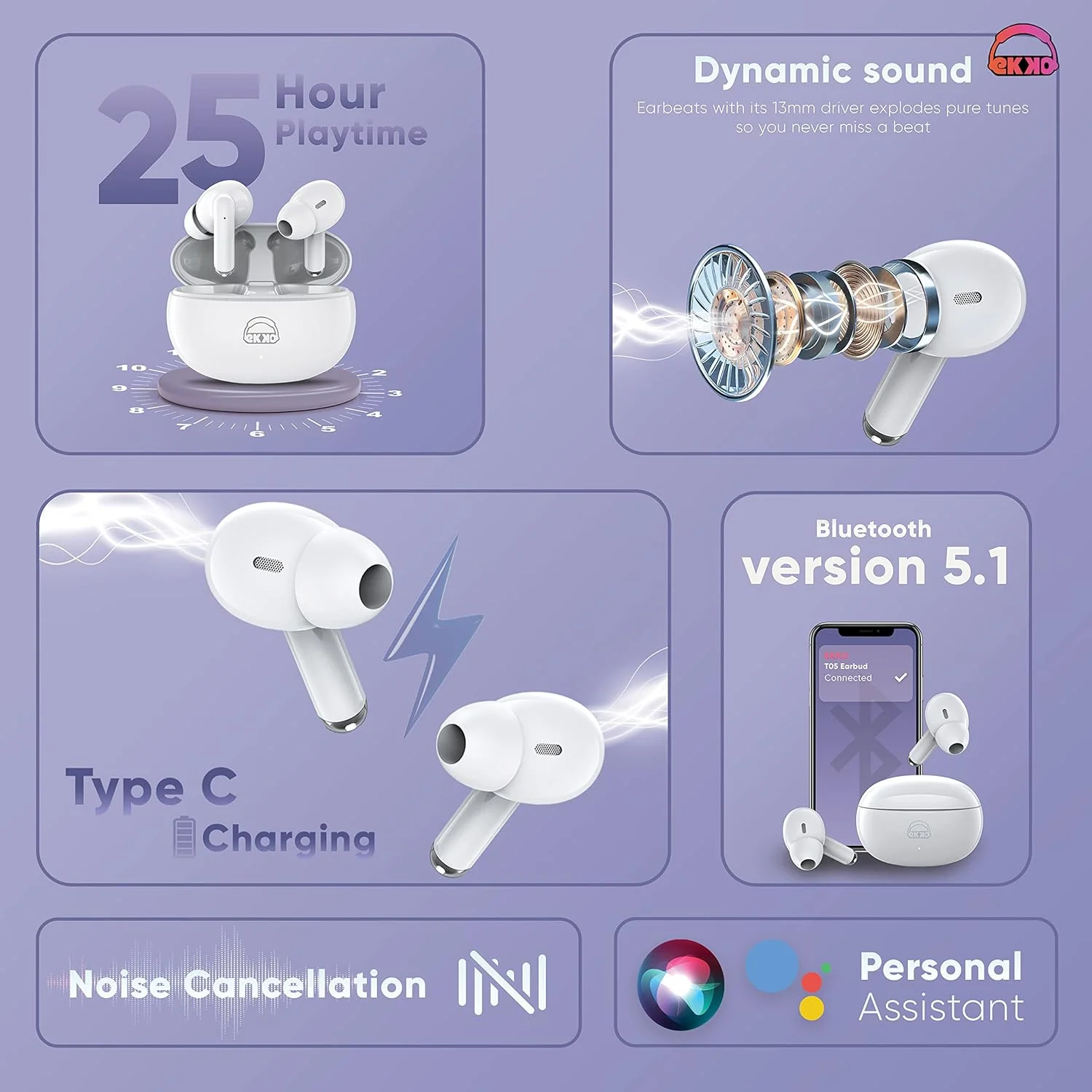 EKKO Earbeats T05 TWS: ENC Call Noise Cancellation, Twin Connect, 10MM Driver, Massive Bass, Water Resistance, Siri & Google Assistant (White) - Image 9