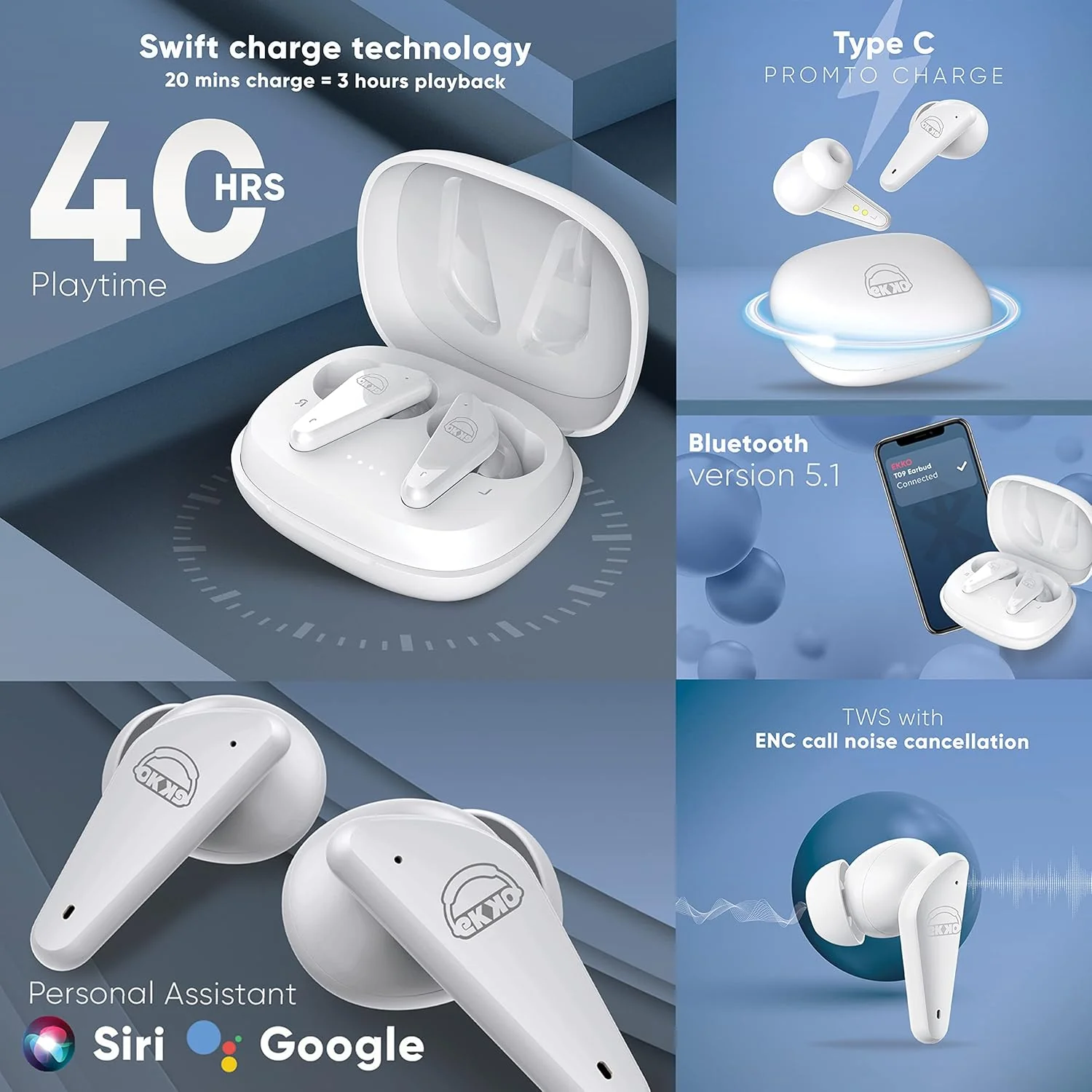EKKO Earbeats T09: Mic, ENC Call Noise Cancellation, 40H Playtime, 10MM Driver, Twin Connect, Maxx Bass, Water Resistance (White) - Image 4